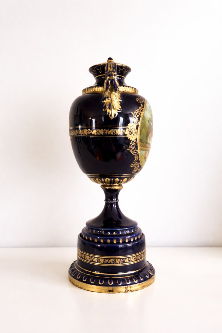Pair of Antique Vienna Style Cobalt Blue & Gilt Porcelain Pedestal Urns, Circa 1900 - 6