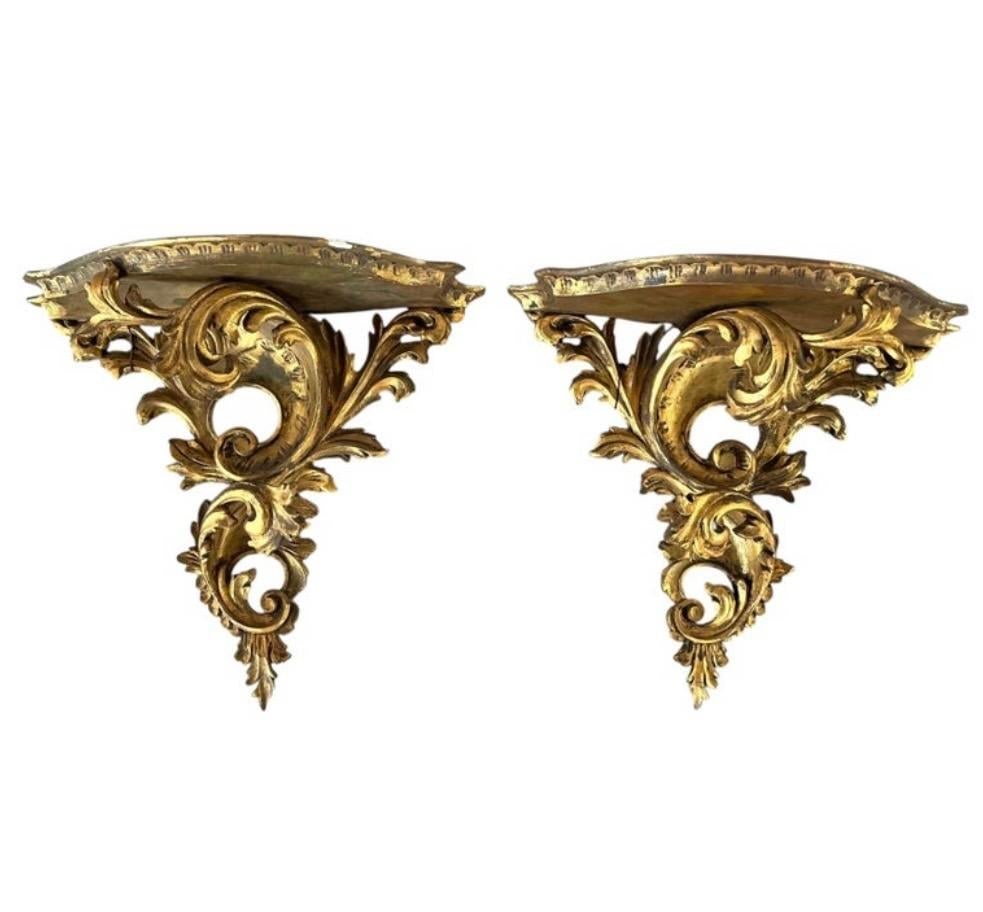 Italian Hand-Carved Gilded Wall Brackets, Rococo, Mid-19th Century - 2