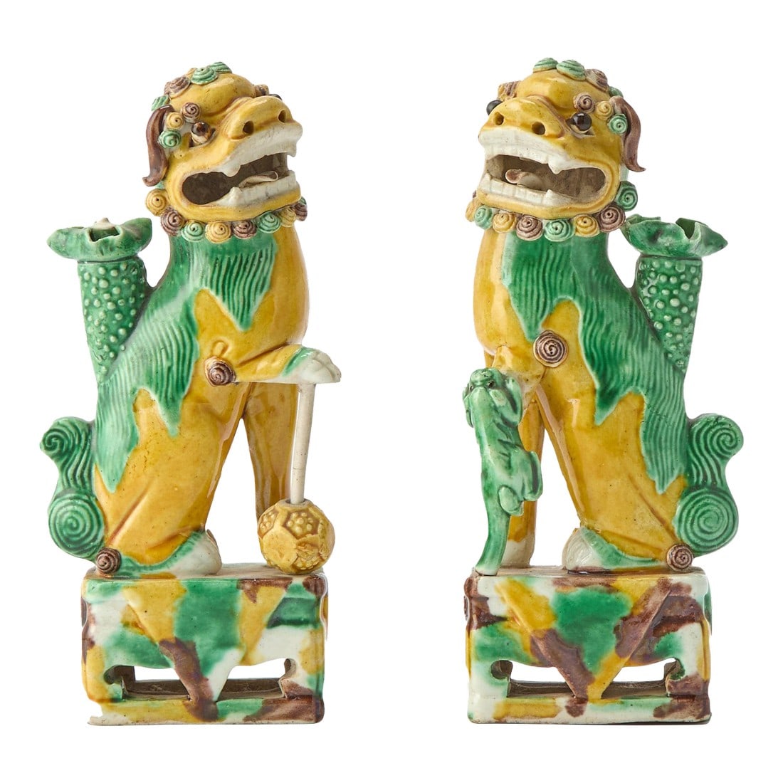 Sancai Guardians: Pair of Chinese Kangxi Biscuit Porcelain Fu Lions (1 of 10)