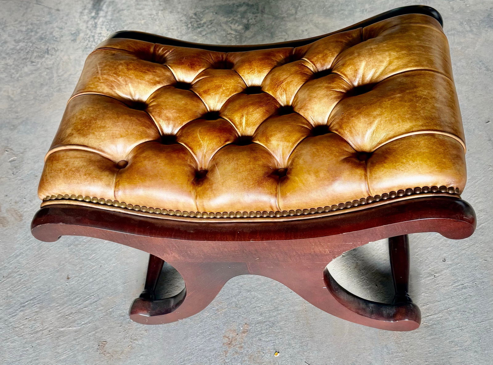 Cora 1920 English Mahogany Chesterfield Leather Stool - 4