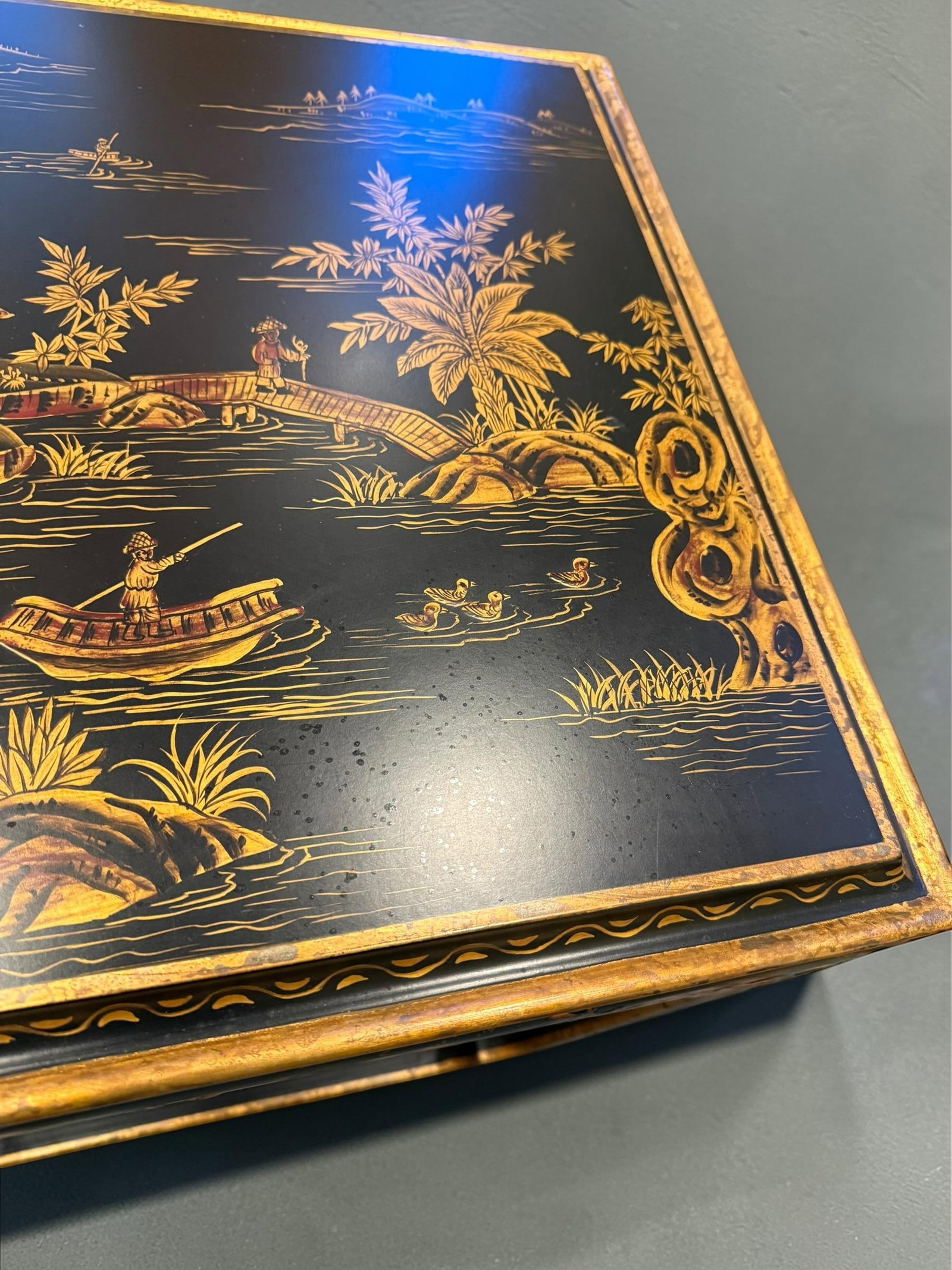 Pair of Chinoiserie Square Open Cube Black Gold Side Tables - 12