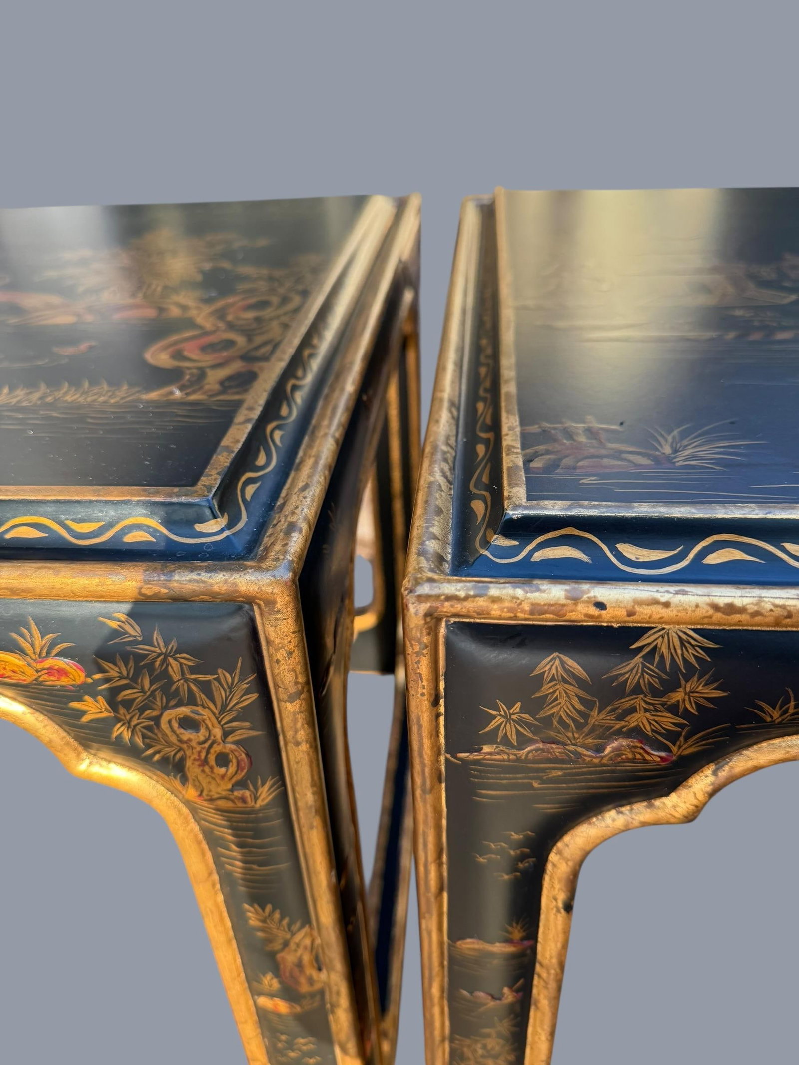 Pair of Chinoiserie Square Open Cube Black Gold Side Tables - 3
