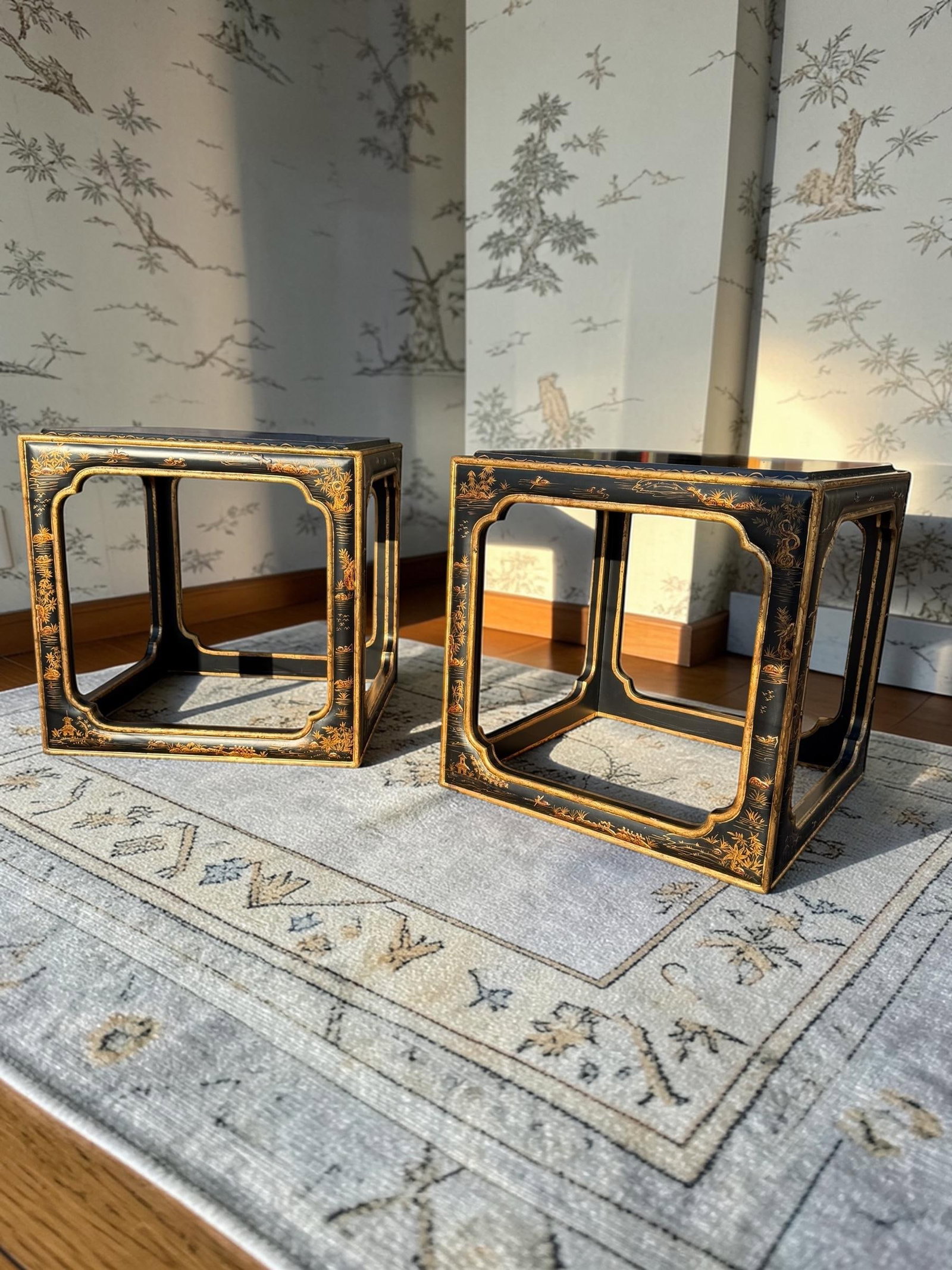 Pair of Chinoiserie Square Open Cube Black Gold Side Tables - 4