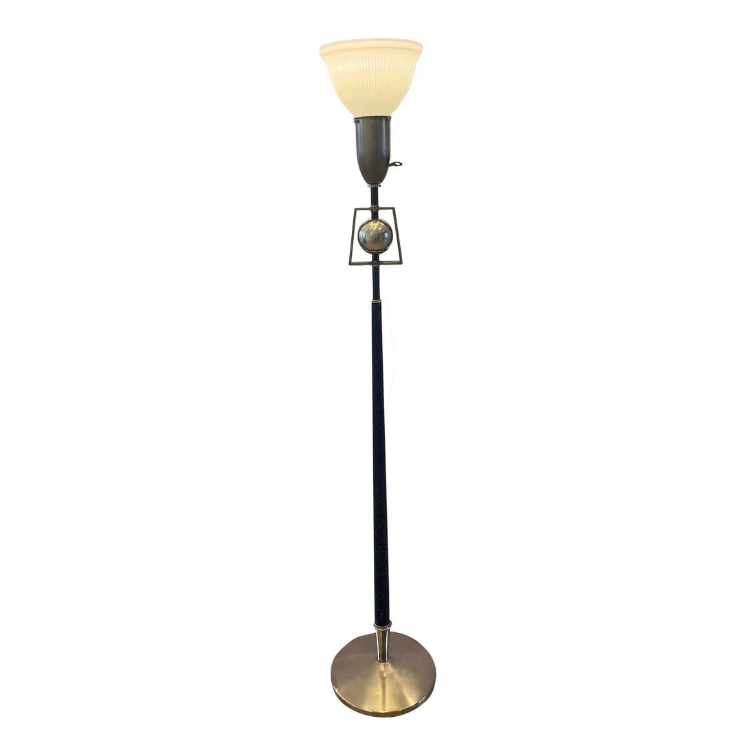 Rare 1950s Mid-Century Modern Rembrandt Torchiere Floor Lamp: A stunning and substantial 1950s Rembrandt Lamp Company torchiere floor lamp. A prime example of mid-century design, it features a sleek, tapered black metal pole with subtle speckled detailing,