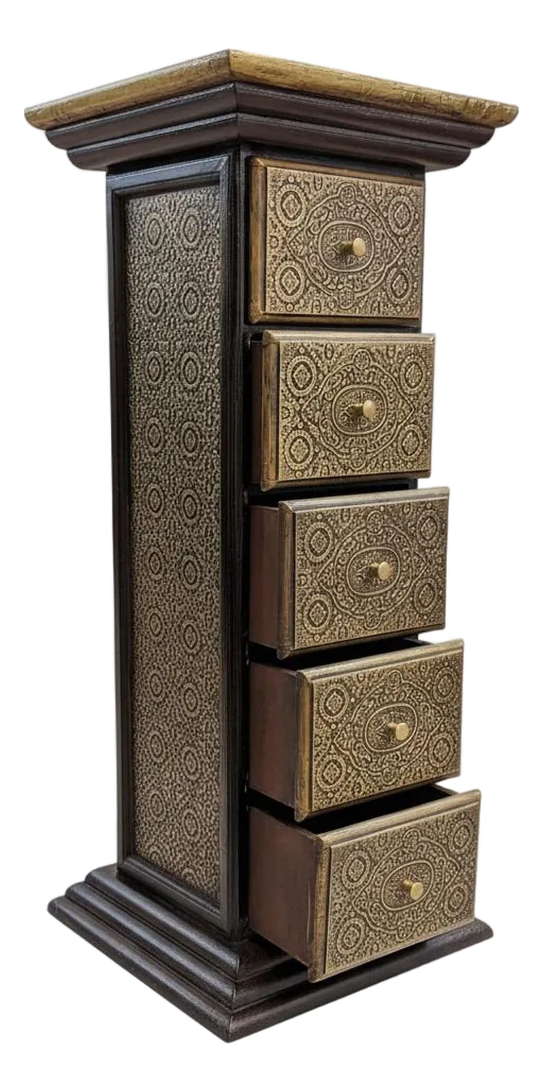 Unique Wooden Pedestal With Drawers Accented With Hand Embossed Brass Foil: Dimensions: 11" W x 11" D x 27" H Sculptural, functional, and rich in artisan detail "” this striking wooden pedestal is truly one of a kind. Featuring a 12" x 12" square top and an elongated