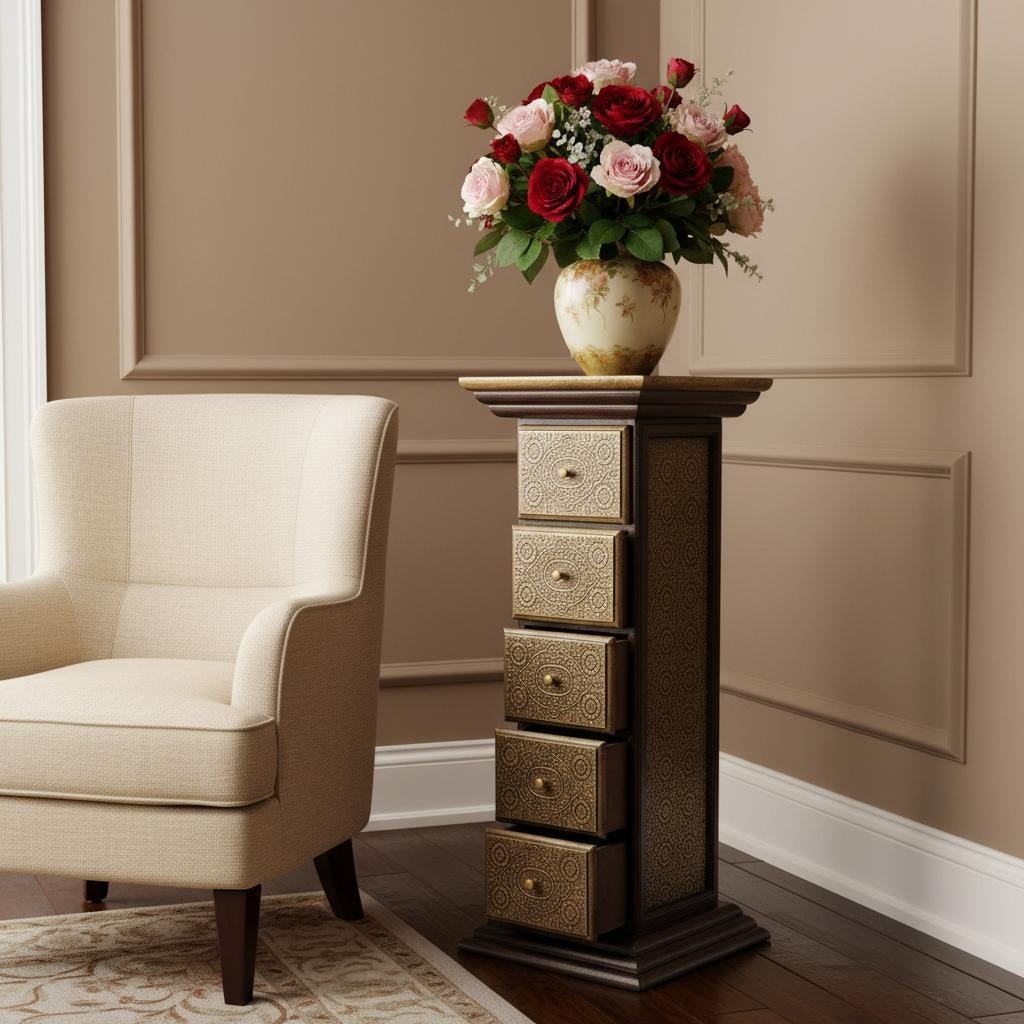 Unique Wooden Pedestal With Drawers Accented With Hand Embossed Brass Foil - 2