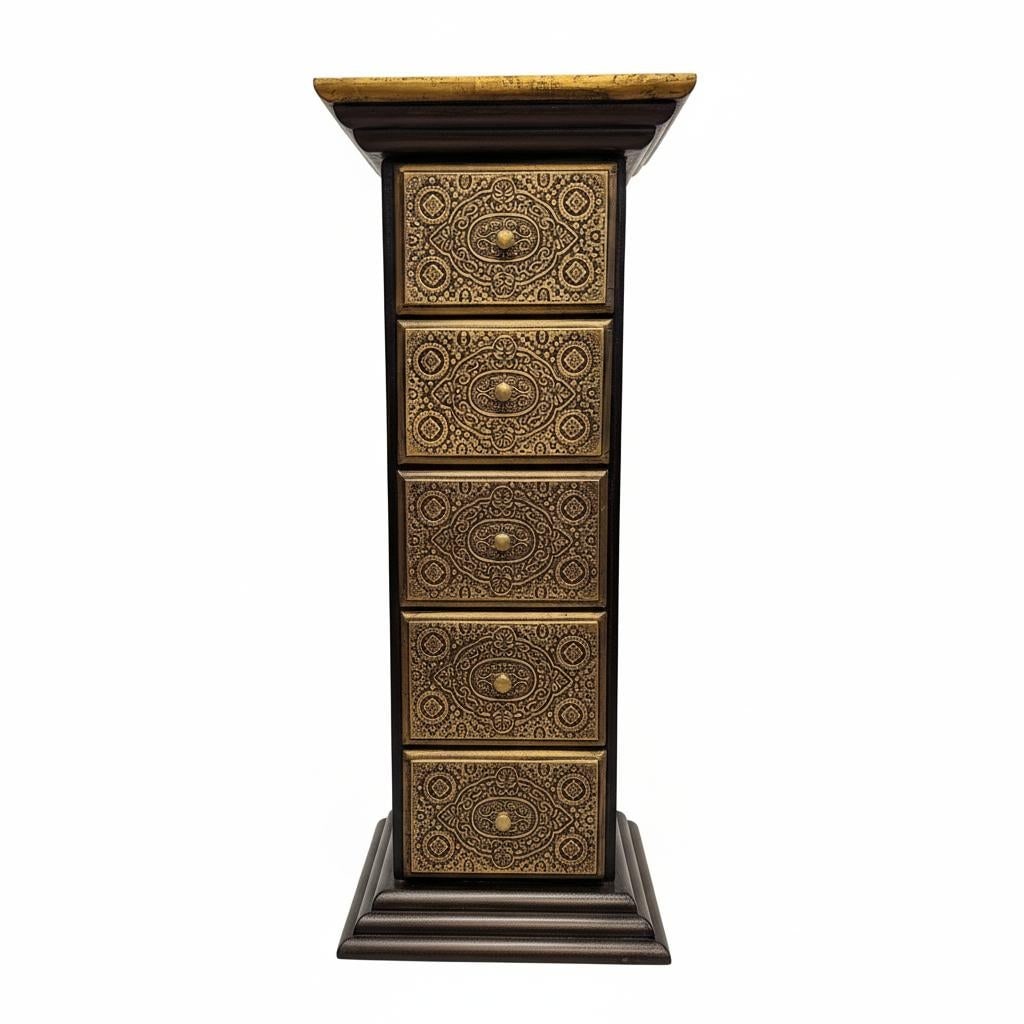 Unique Wooden Pedestal With Drawers Accented With Hand Embossed Brass Foil - 3