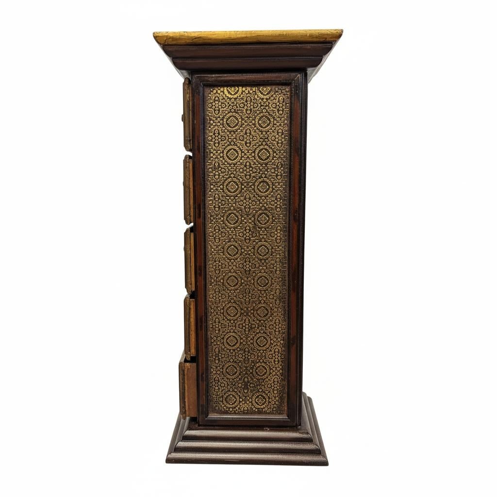 Unique Wooden Pedestal With Drawers Accented With Hand Embossed Brass Foil - 4