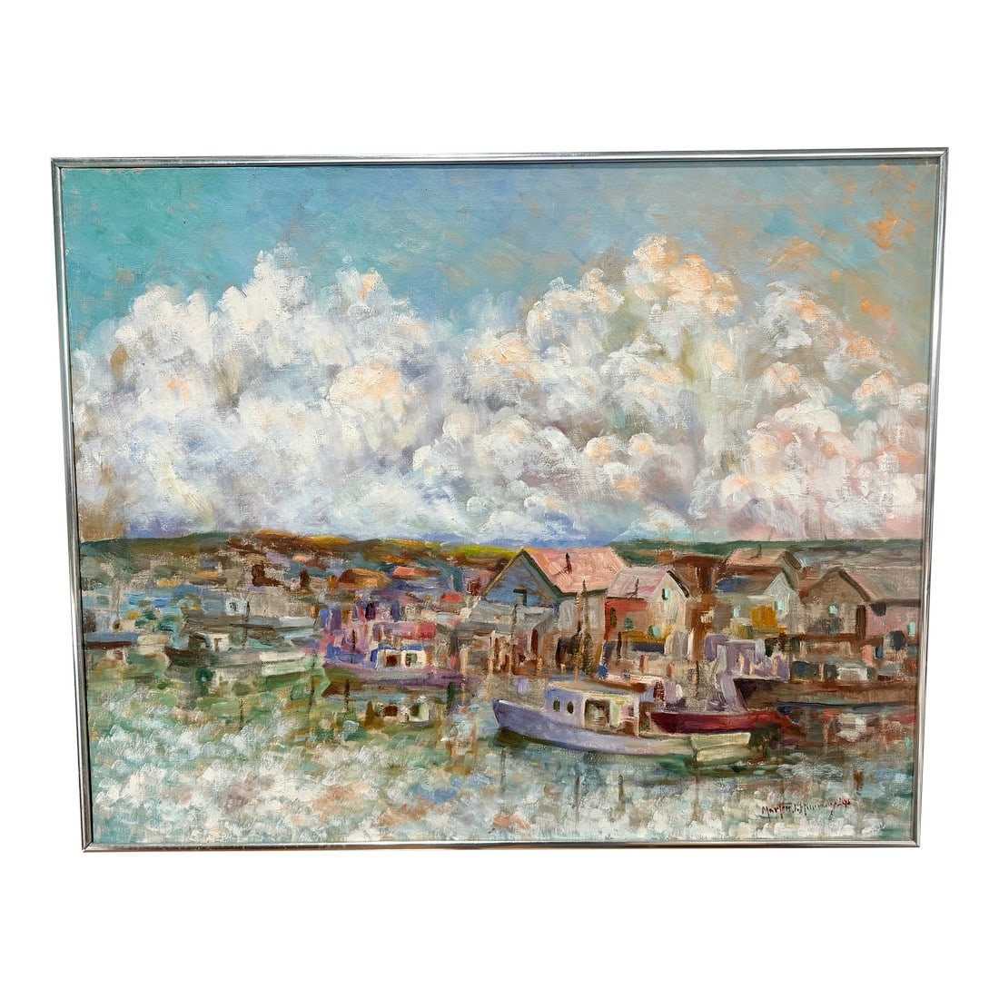 Martin J. Murray (American, 1908–1997) "Provincetown" Oil on Canvas C. 1940: This Rhode Island artist Martin J. Murray (Rhode Island, 1908–1997), a Newport native known for working in oils and watercolors. The composition is structured as a panoramic waterfront view,