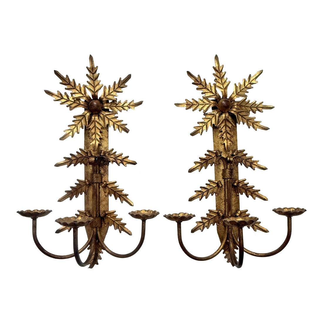Pair, Mid Century Italian Gilt Metal Leaf Starburst Three Arm Candle Sconces: Note: We are able to wire these if requested for a small fee. This matched pair of three-light wall sconces presents a bold, sculptural interpretation of the Florentine/Italian taste for gilded, natur