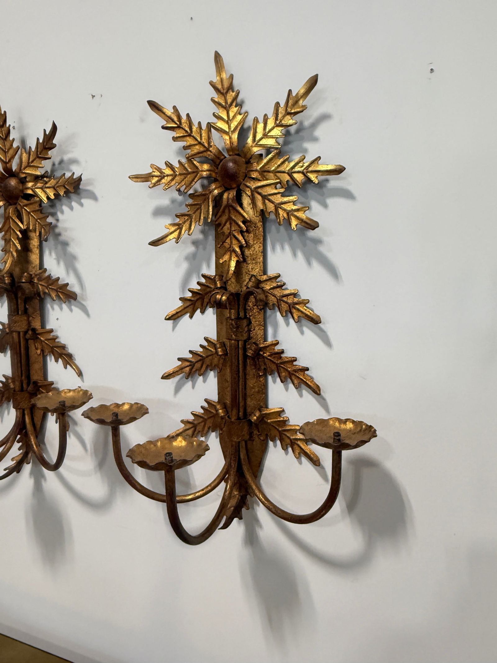Pair, Mid Century Italian Gilt Metal Leaf Starburst Three Arm Candle Sconces - 2