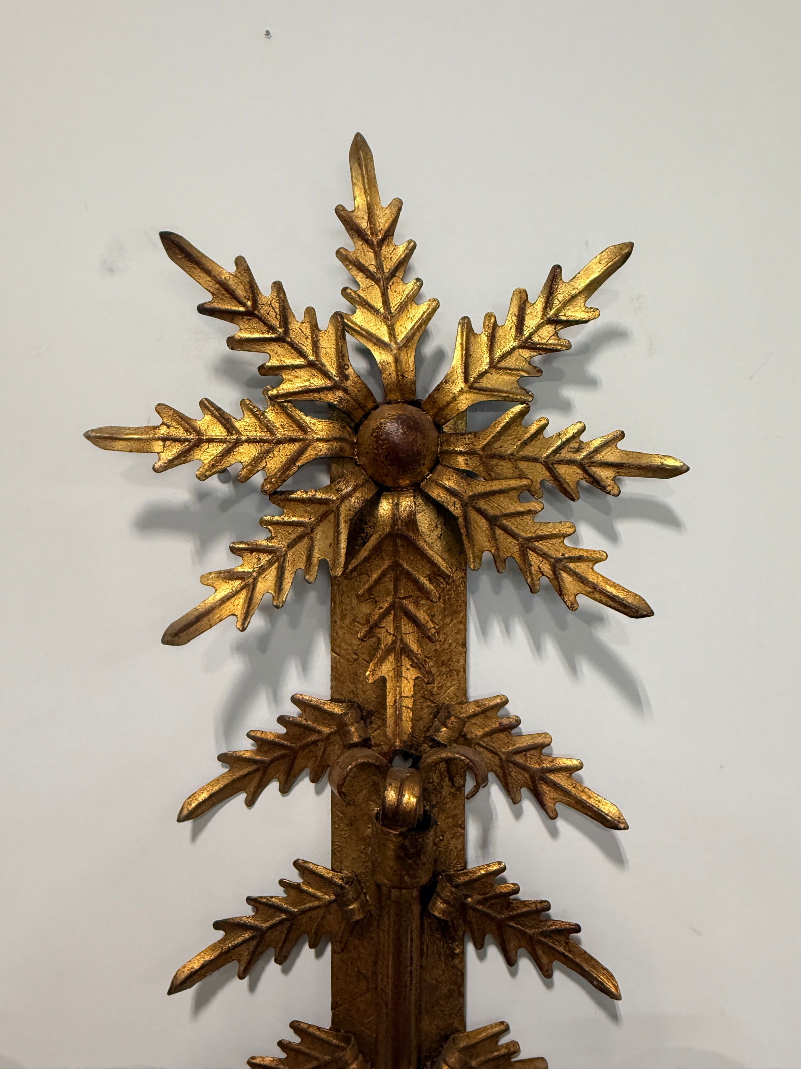 Pair, Mid Century Italian Gilt Metal Leaf Starburst Three Arm Candle Sconces - 3