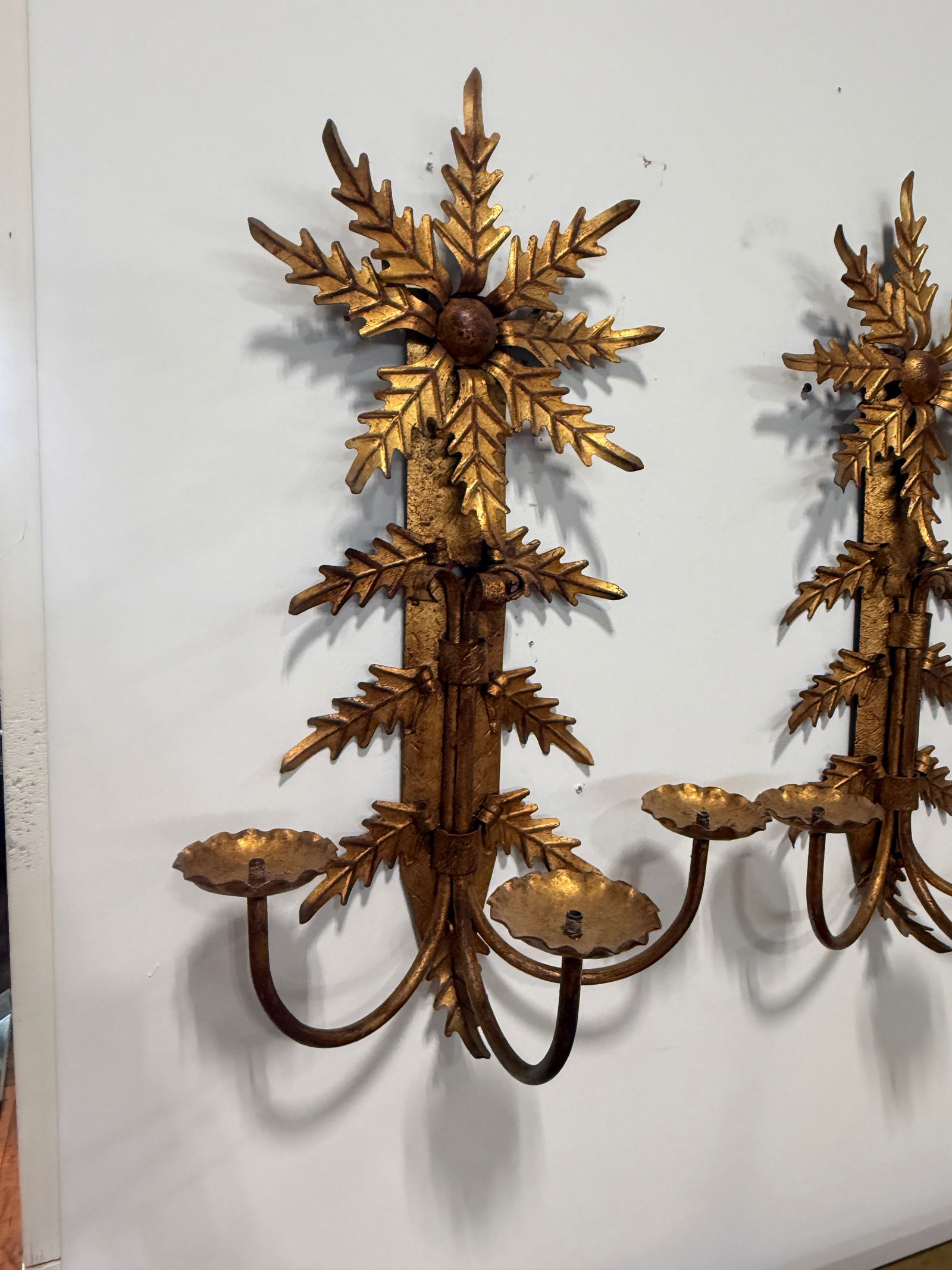 Pair, Mid Century Italian Gilt Metal Leaf Starburst Three Arm Candle Sconces - 5