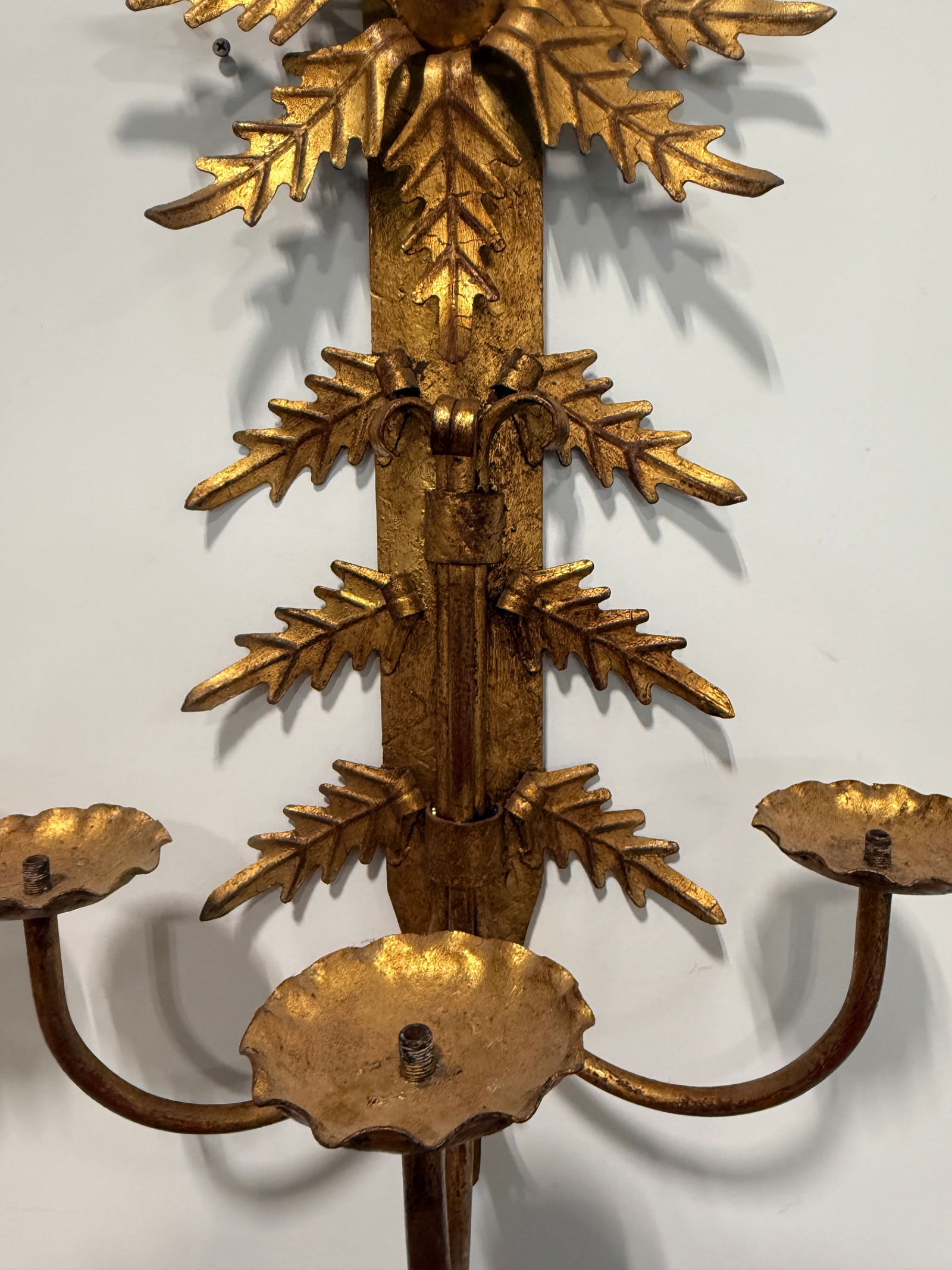Pair, Mid Century Italian Gilt Metal Leaf Starburst Three Arm Candle Sconces - 6