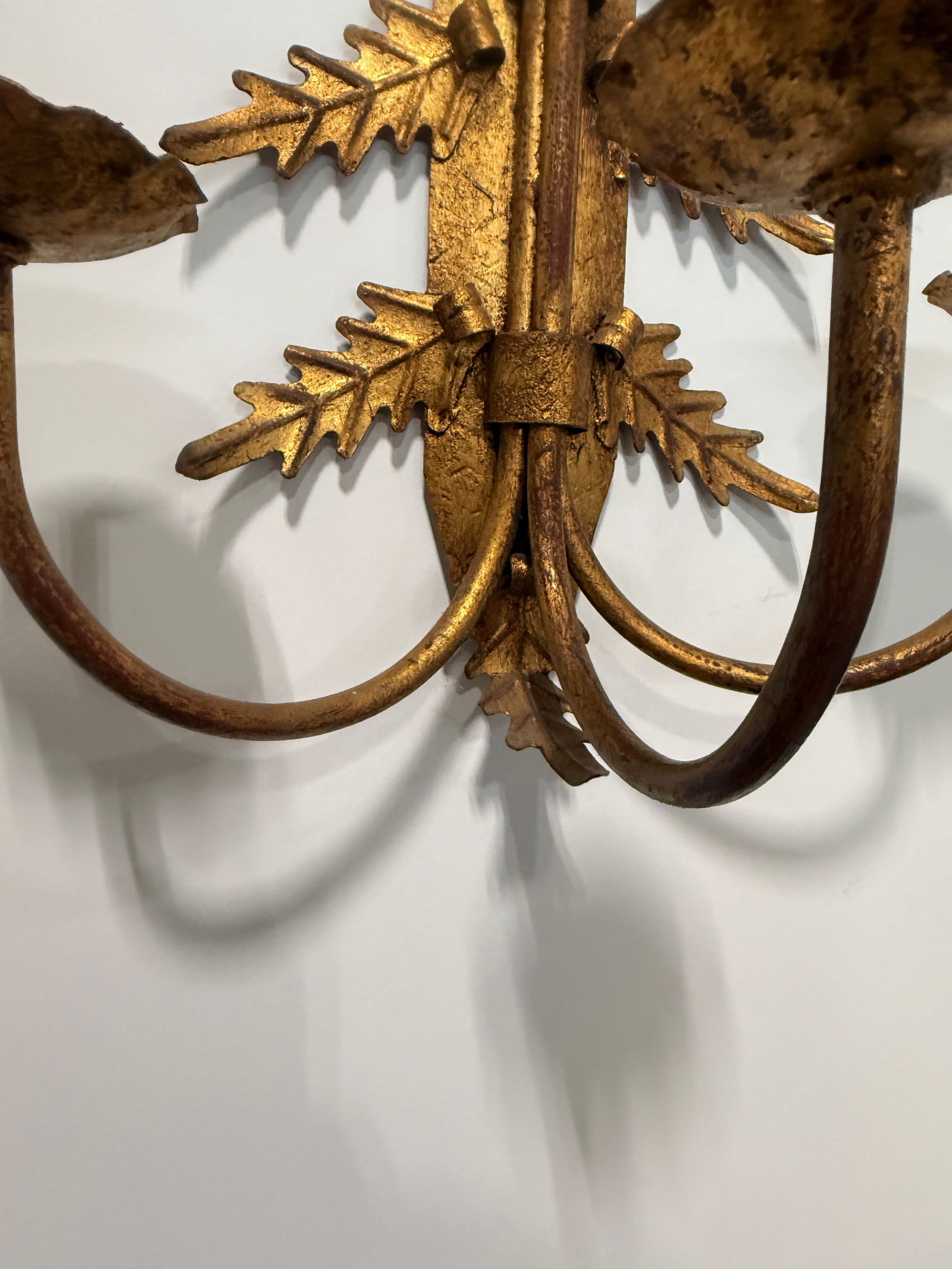 Pair, Mid Century Italian Gilt Metal Leaf Starburst Three Arm Candle Sconces - 7