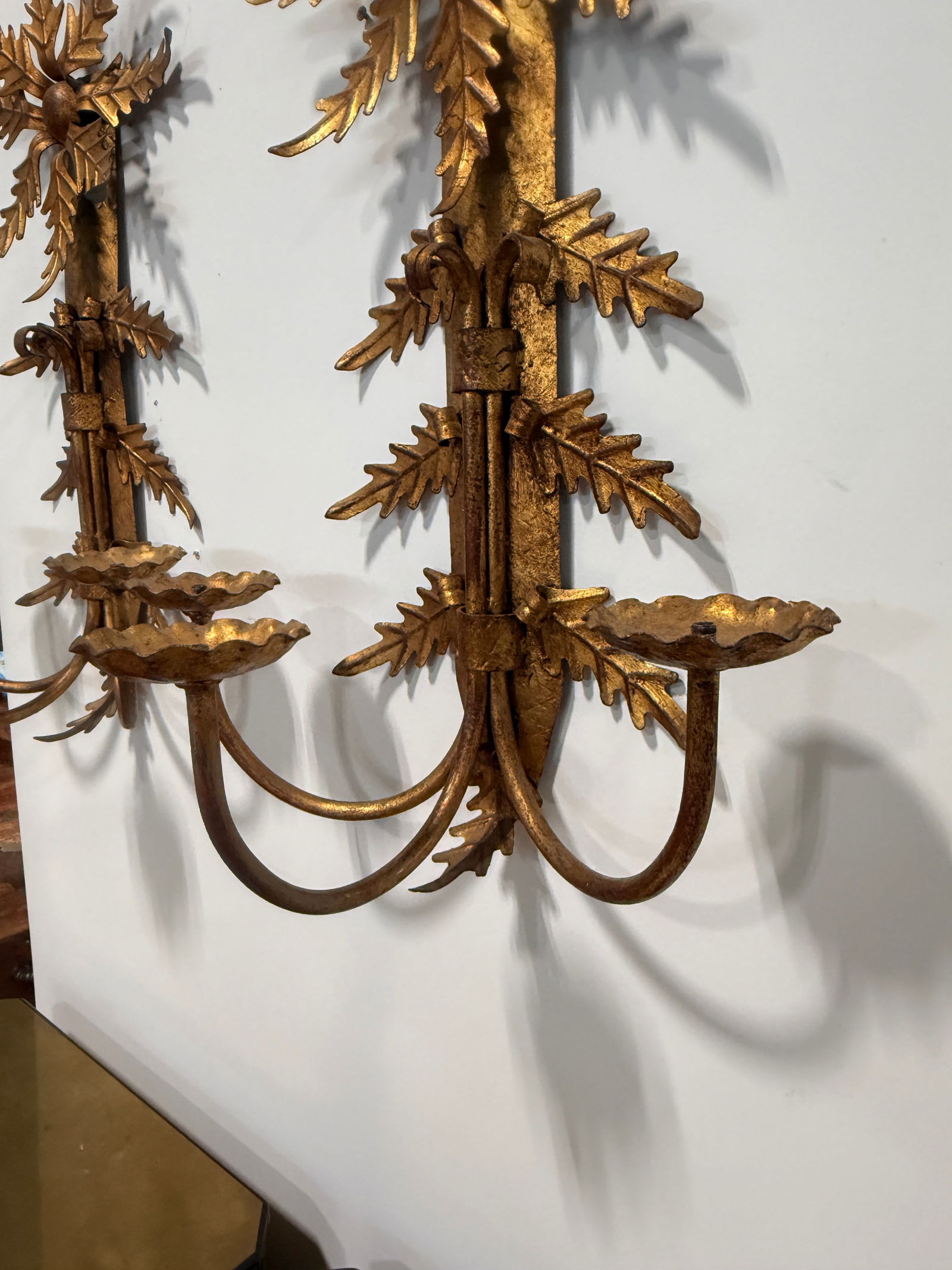 Pair, Mid Century Italian Gilt Metal Leaf Starburst Three Arm Candle Sconces - 8