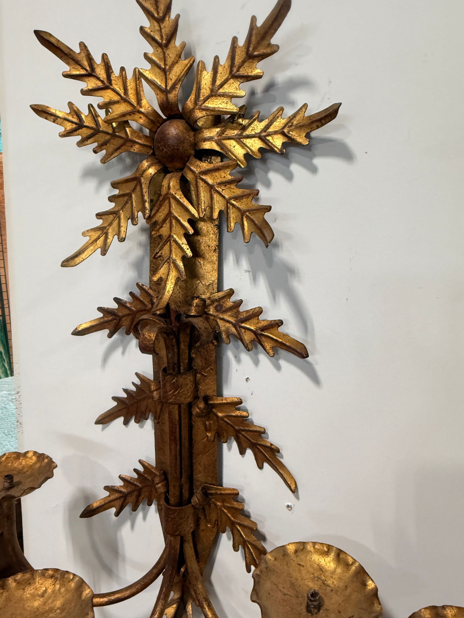 Pair, Mid Century Italian Gilt Metal Leaf Starburst Three Arm Candle Sconces - 9