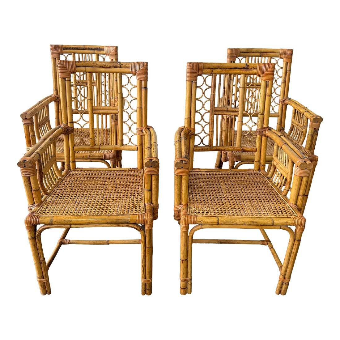 Set of 4, Calif-Asia and Cartel Bamboo & Rattan Mid Century Armchairs: This set of four bamboo armchairs is made by Calif-Asia and Cartel, Philippines, as confirmed by the original maker's label reading "Handcrafted in the Philippines by Calif-Asia and Cartel." The chair