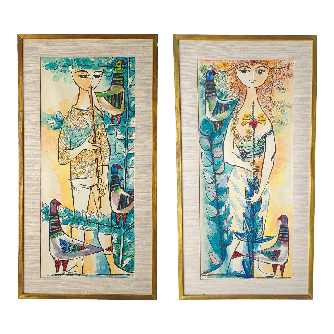 Pair of Whimsical European Mid Century Watercolor Paintings: A charming pair of figurative European Mid-Century modern watercolors with a soft, whimsical feel. The elongated figures and stylized birds are surrounded by flowing botanical forms, creating a calm