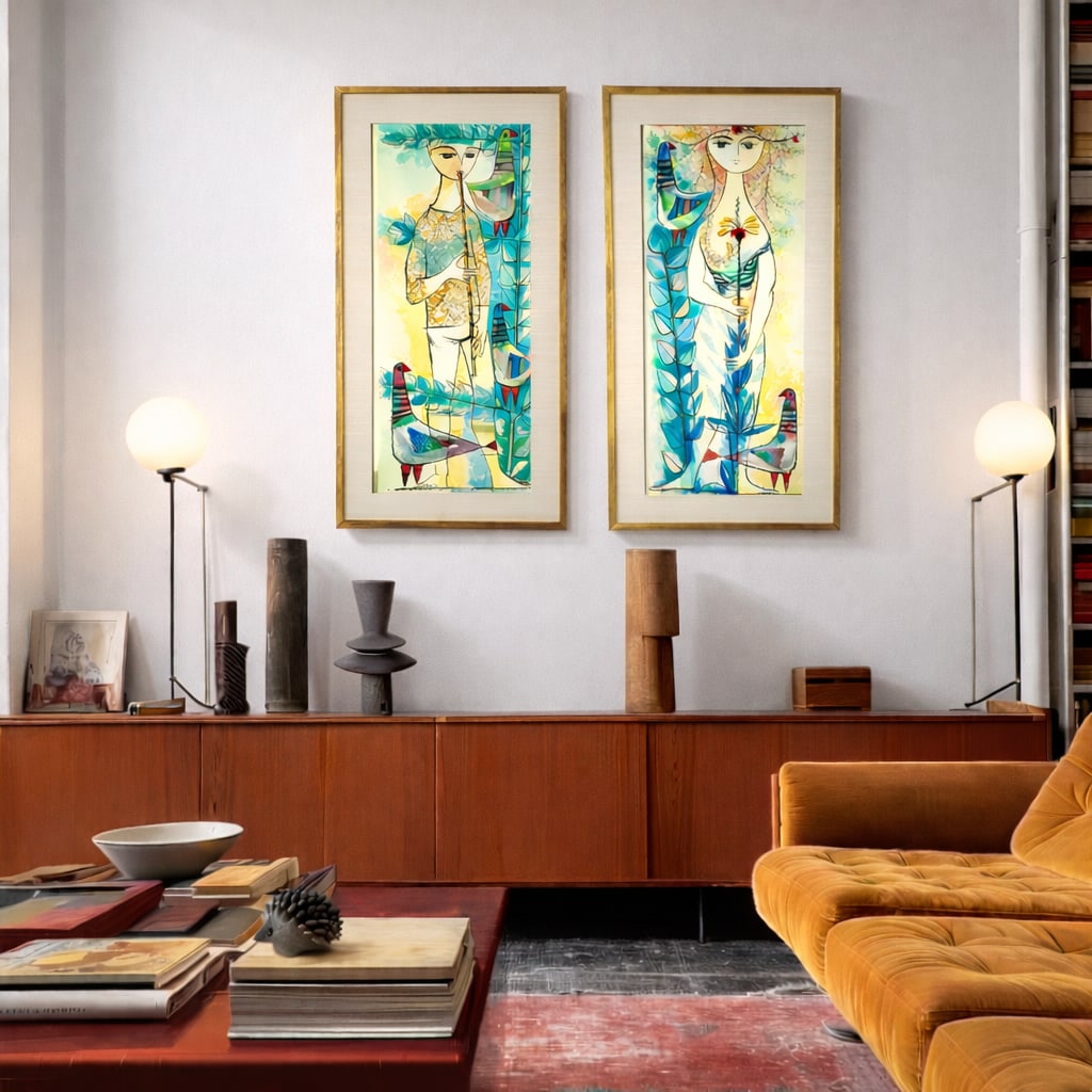 Pair of Whimsical European Mid Century Watercolor Paintings - 2