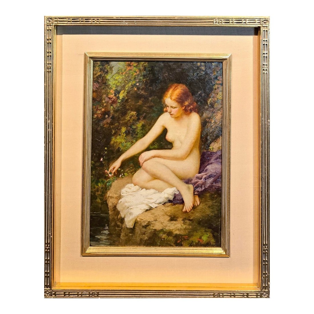 Joseph Tomanek- Nude Female Picking Flowers by the River- C1920s Oil Painting: Joseph Tomanek- Nude Female Picking Flowers by the River- c1920s Oil Painting American Impressionist - Oil Painting on board -signed Board size: 14x10" Frame size: 20x16" Artist Biography Joseph Toman