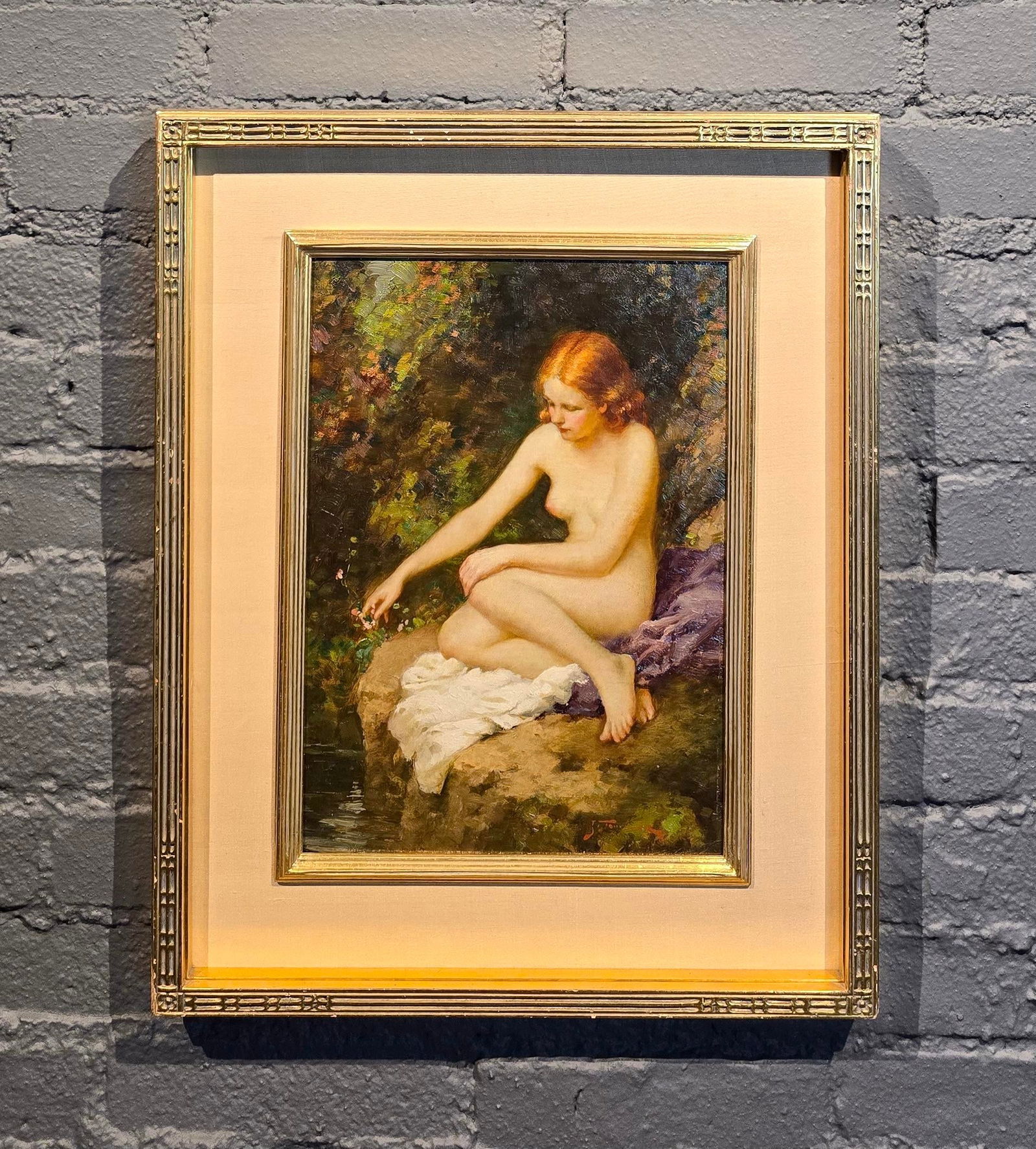 Joseph Tomanek- Nude Female Picking Flowers by the River- C1920s Oil Painting - 2