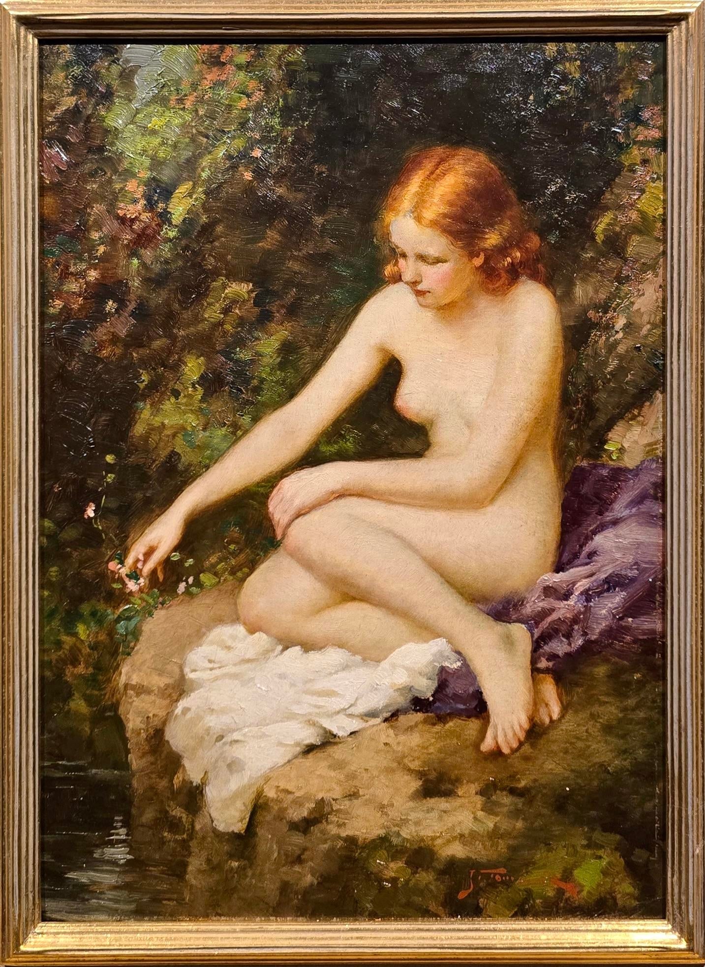 Joseph Tomanek- Nude Female Picking Flowers by the River- C1920s Oil Painting - 3
