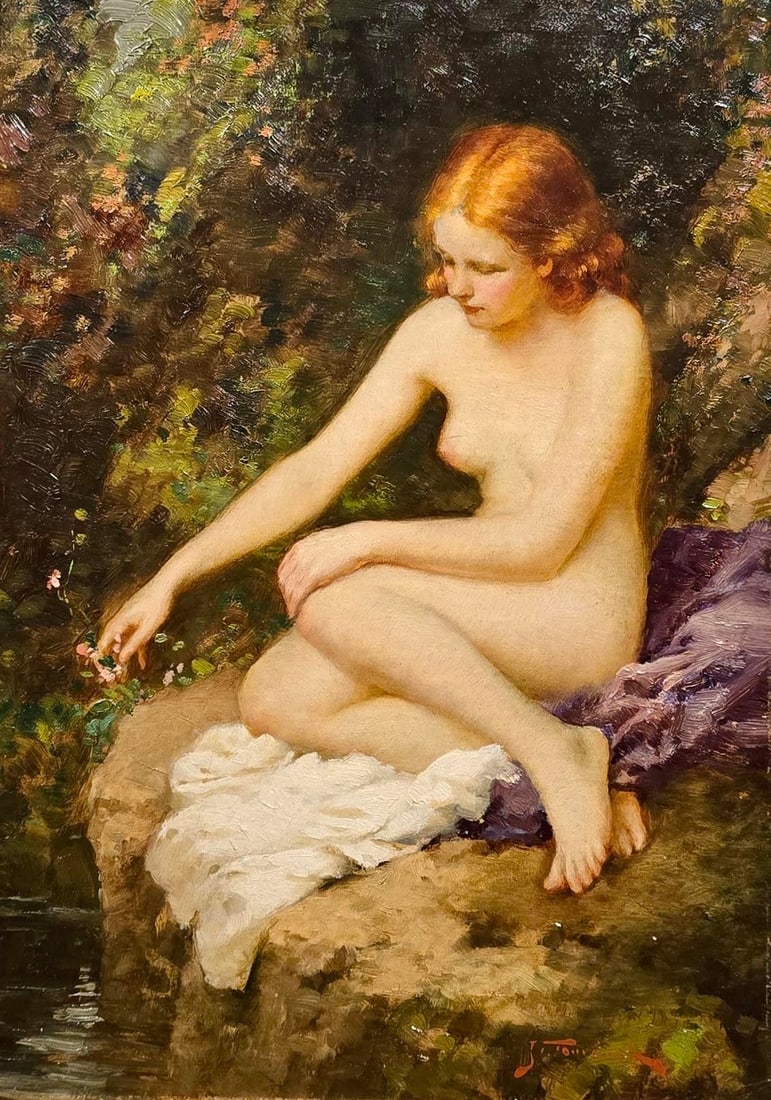 Joseph Tomanek- Nude Female Picking Flowers by the River- C1920s Oil Painting - 4