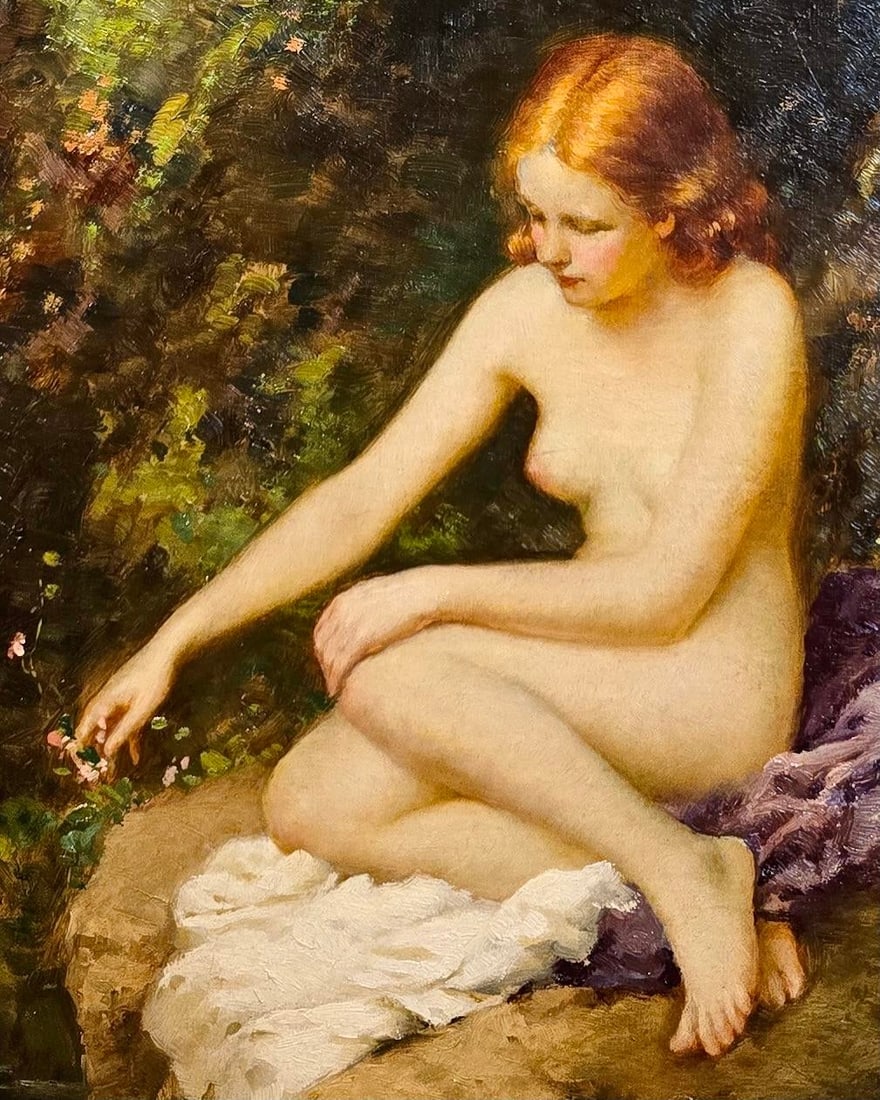 Joseph Tomanek- Nude Female Picking Flowers by the River- C1920s Oil Painting - 5