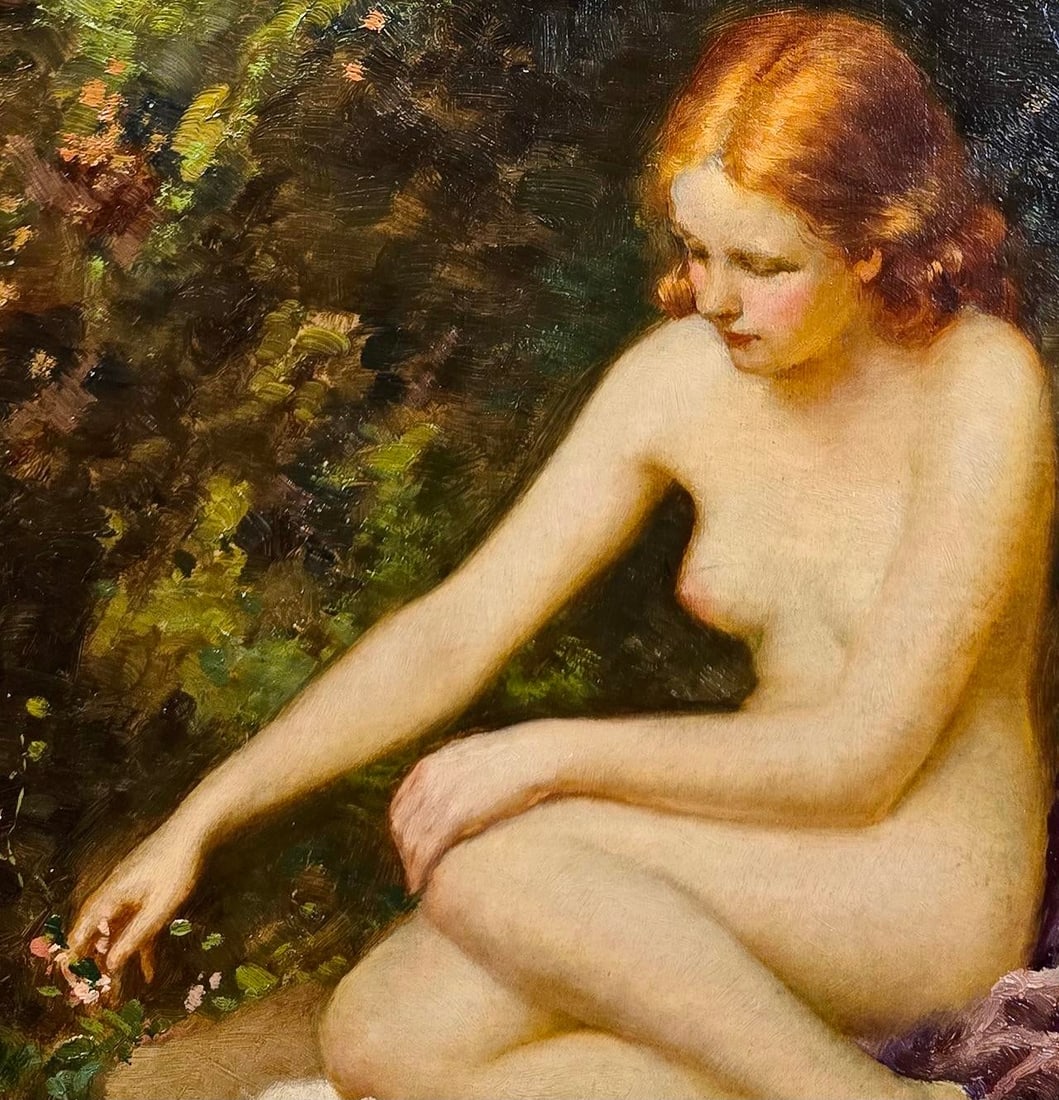 Joseph Tomanek- Nude Female Picking Flowers by the River- C1920s Oil Painting - 6