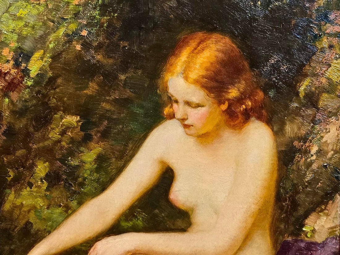 Joseph Tomanek- Nude Female Picking Flowers by the River- C1920s Oil Painting - 7
