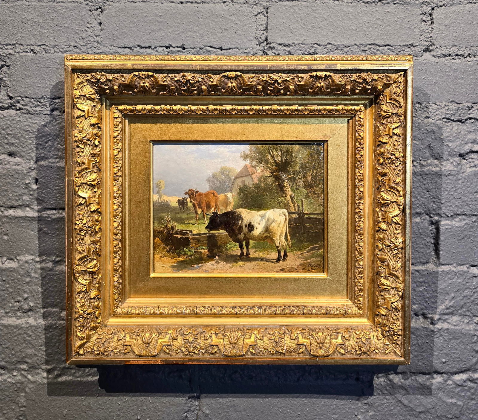 Friederich Voltz -Cows in a Farm Landscape- 19th Century Oil Painting - 2
