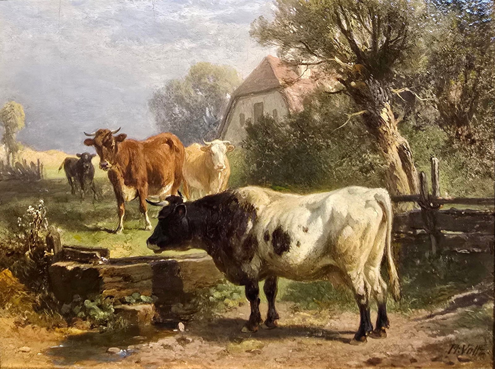 Friederich Voltz -Cows in a Farm Landscape- 19th Century Oil Painting - 3