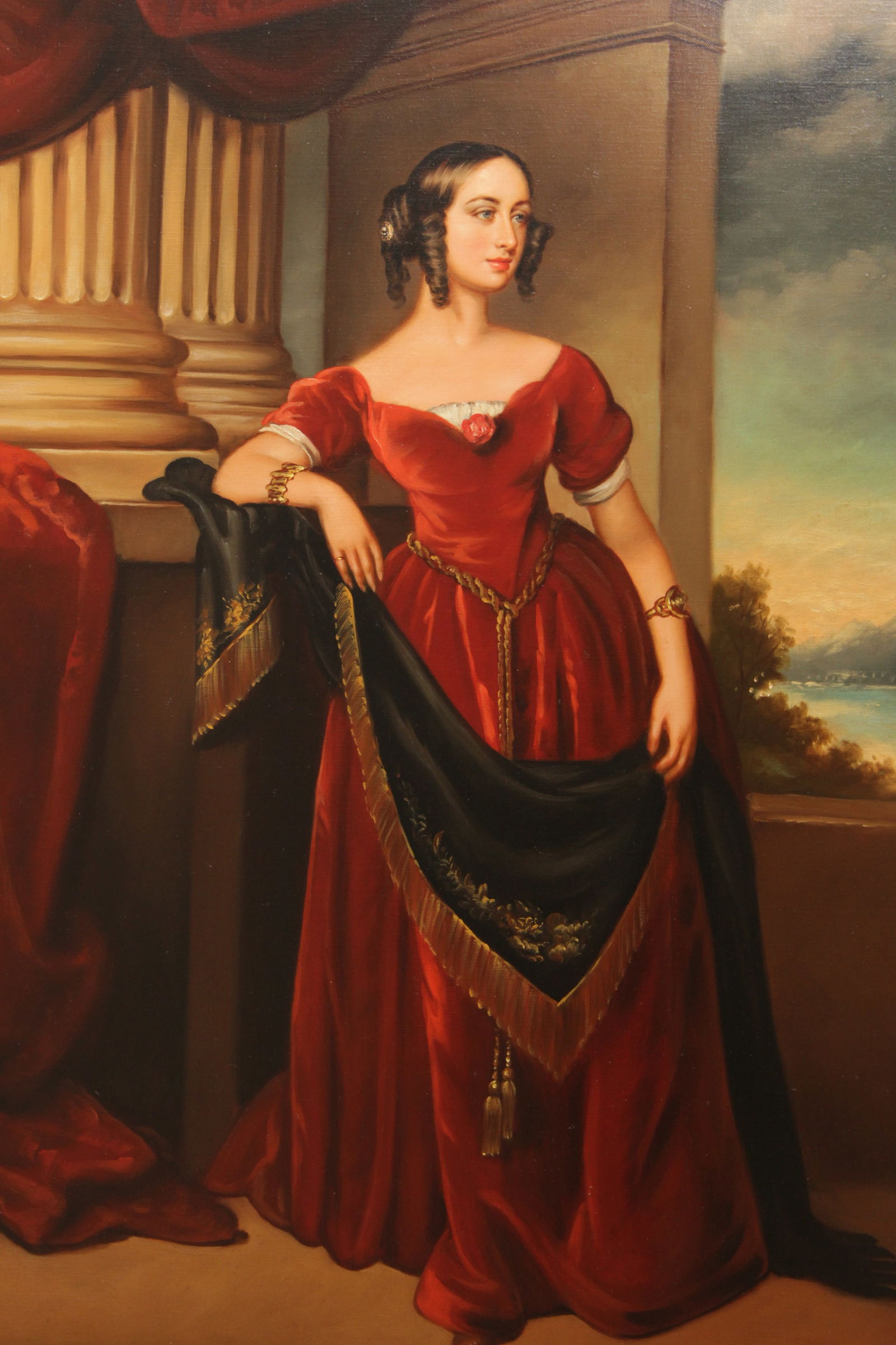 Artist Signed Portrait of Lady in Red Dress Painting on Canvas - 10