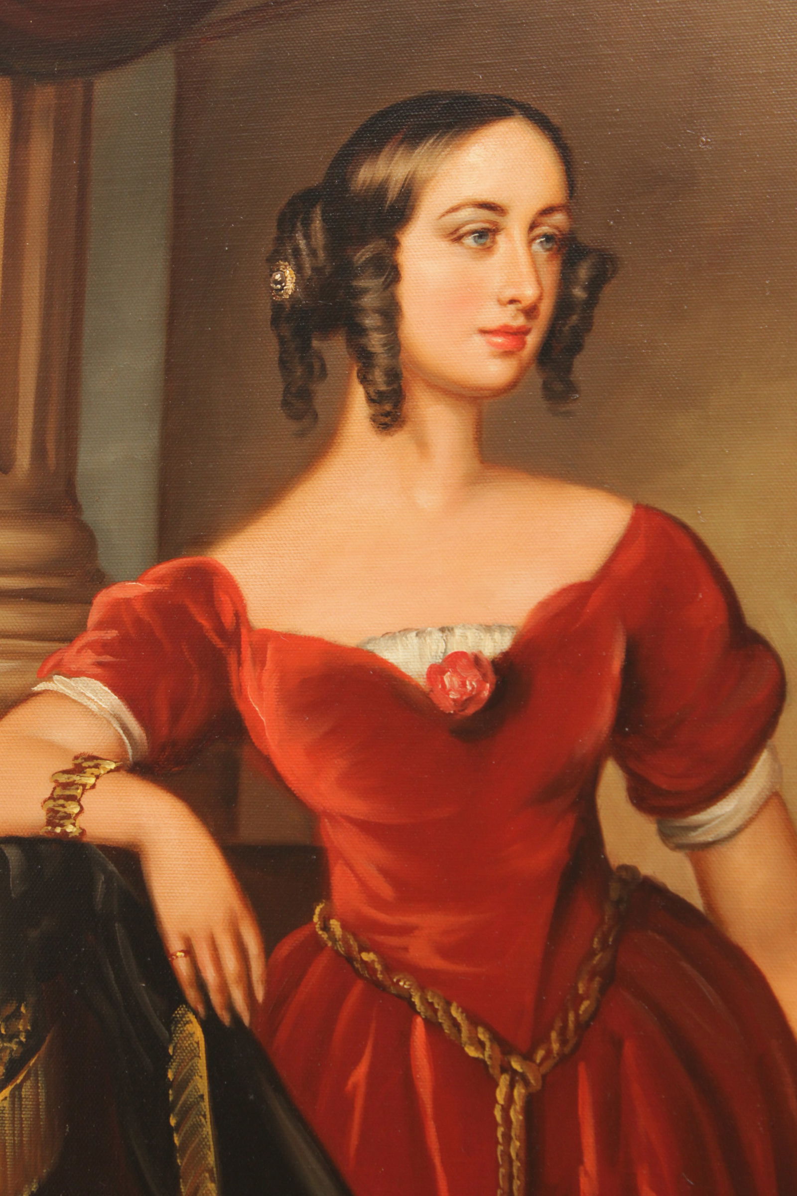 Artist Signed Portrait of Lady in Red Dress Painting on Canvas - 11