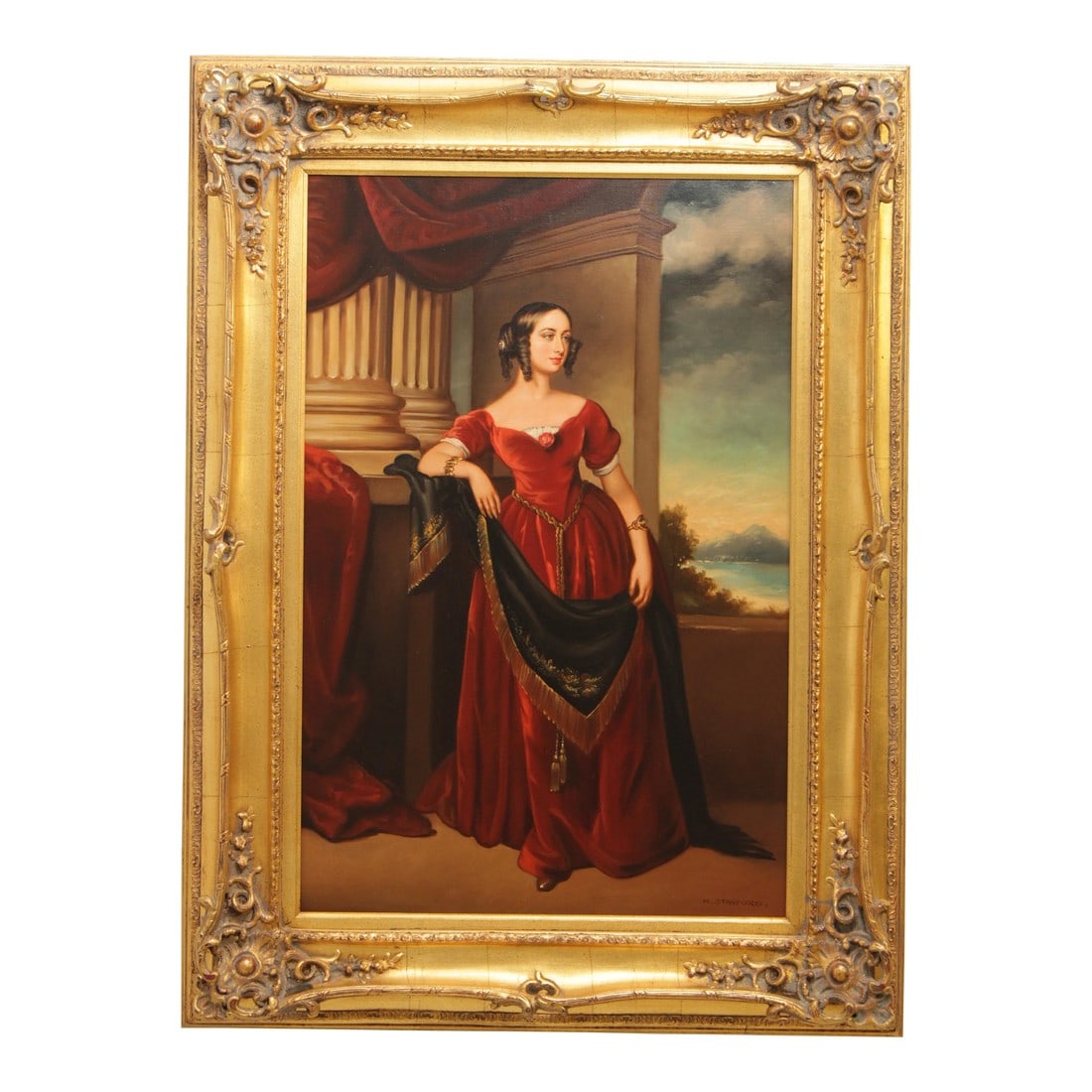 Artist Signed Portrait of Lady in Red Dress Painting on Canvas: Age: Approx: 30 Years Old Details: Bright & Vibrant Colors Nice Gold Finish Frame Signed R. Stanford View Of The Bay Of Naples In The Manner Of Sir George Hayter Quality Reproduction Of Original Art