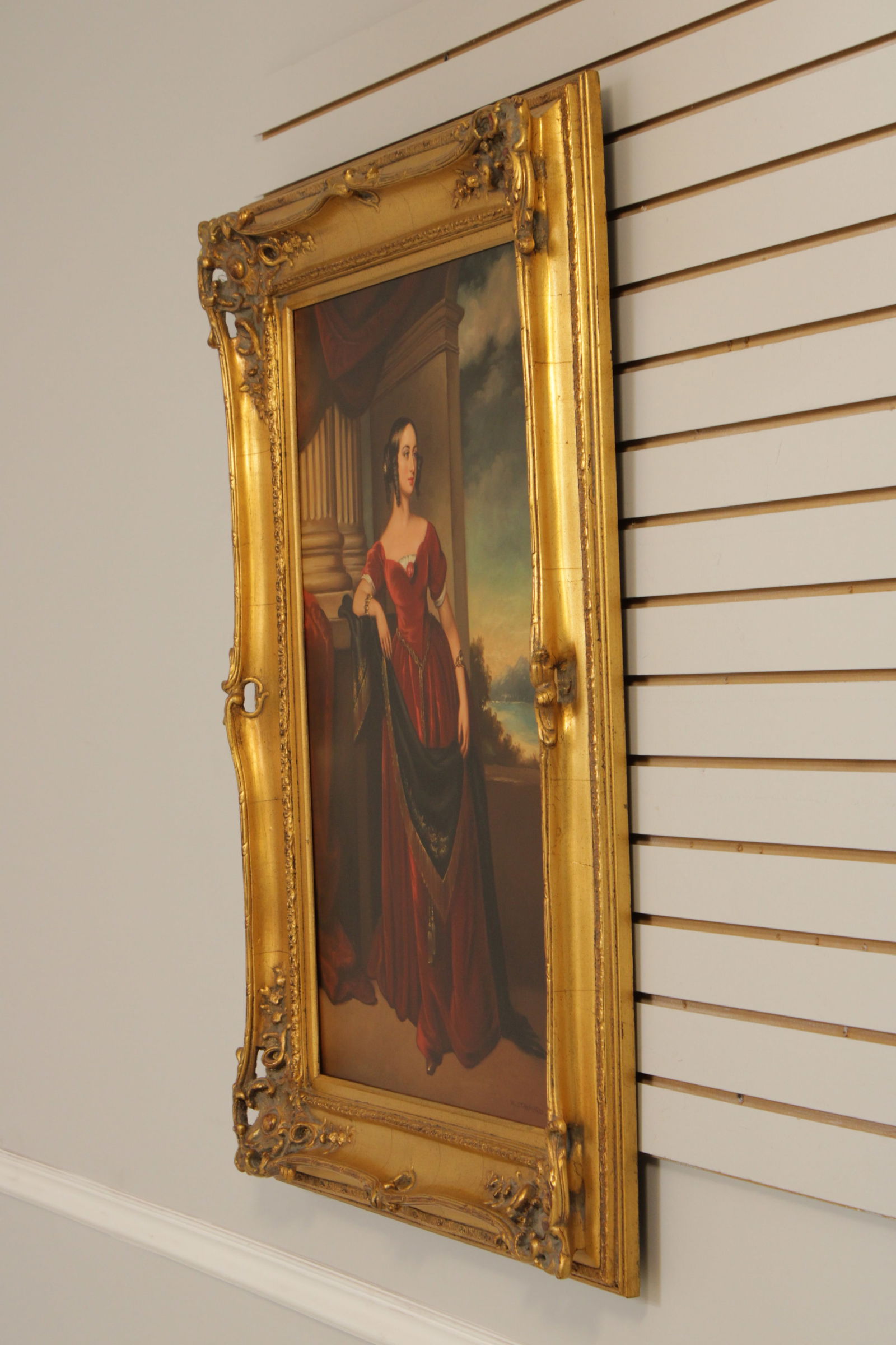 Artist Signed Portrait of Lady in Red Dress Painting on Canvas - 2