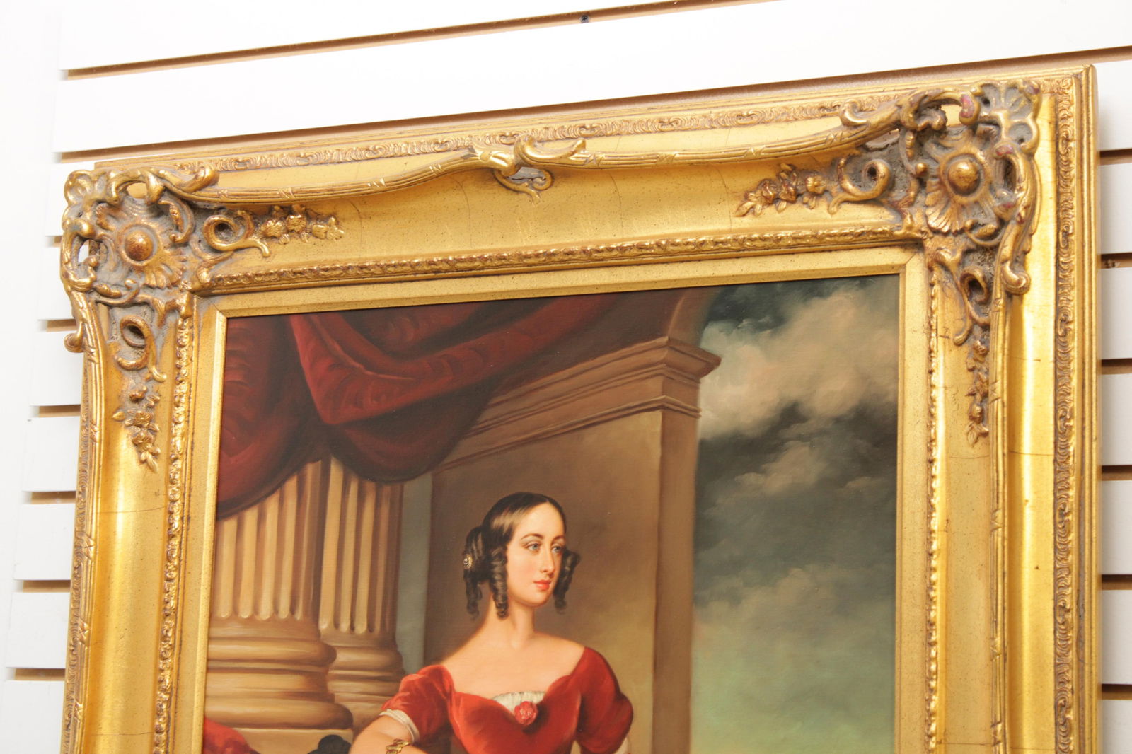 Artist Signed Portrait of Lady in Red Dress Painting on Canvas - 3