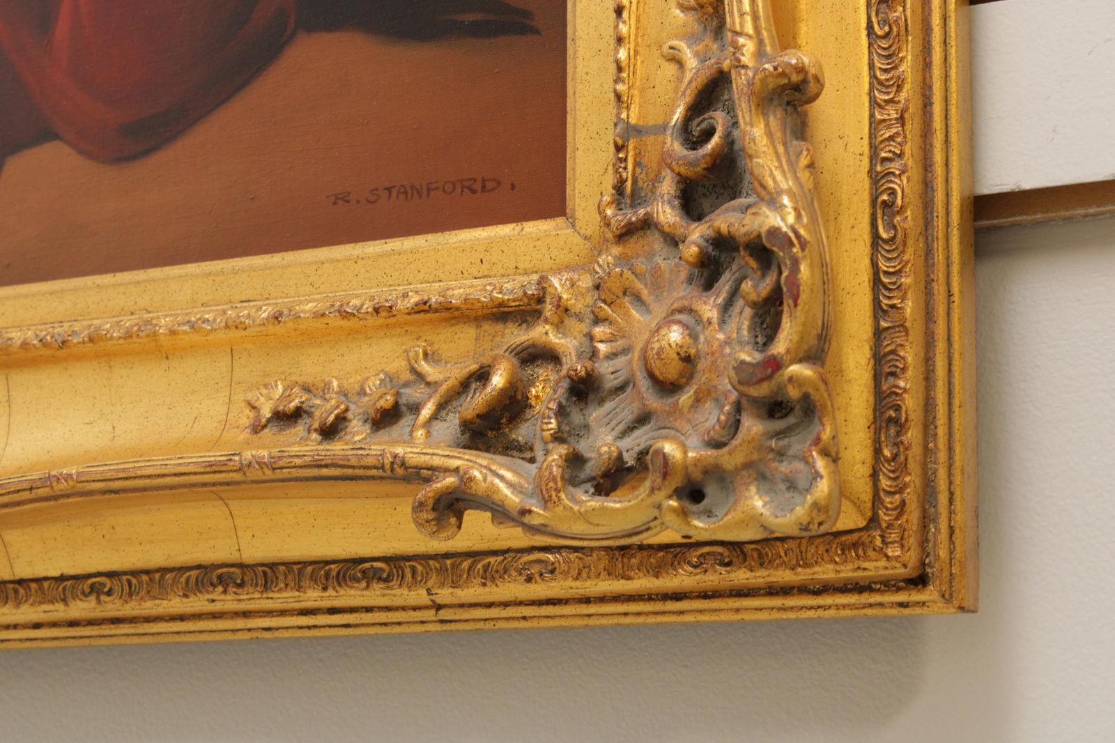 Artist Signed Portrait of Lady in Red Dress Painting on Canvas - 8