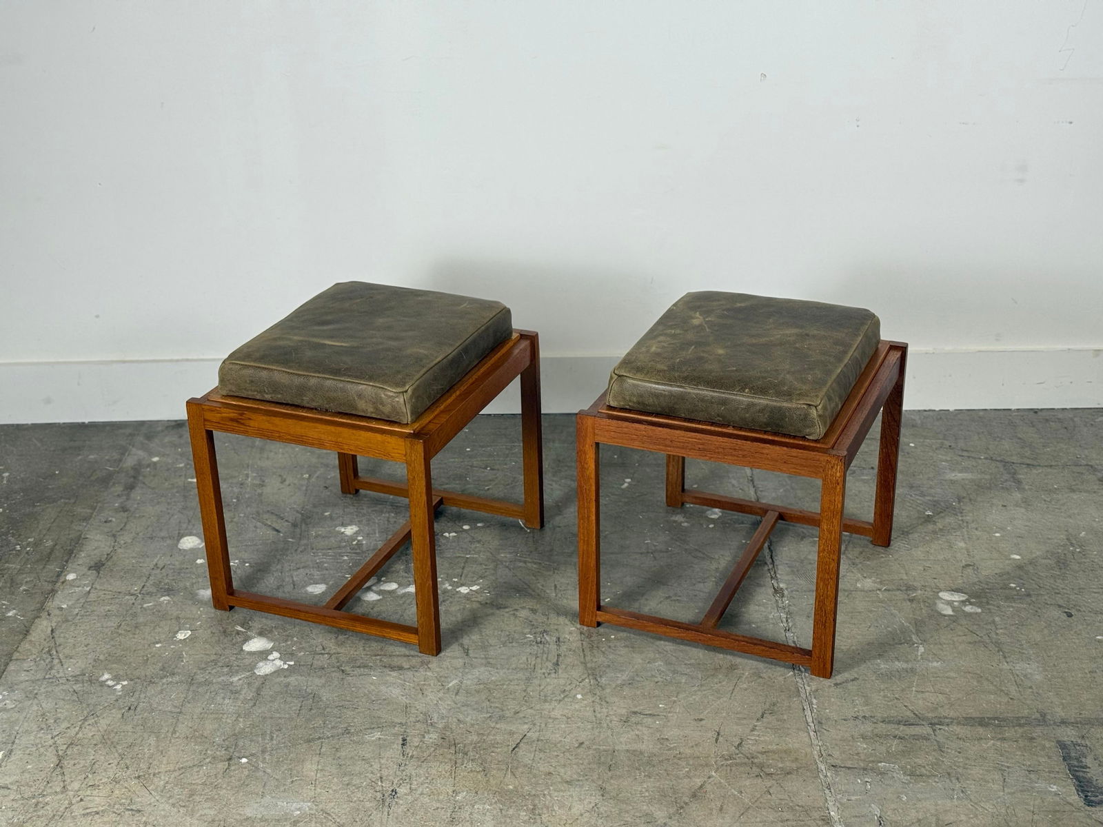 1960s Pair Erik Buch Stools - Teak + Leather - Danish Modern Flip Top Table Stool - 10