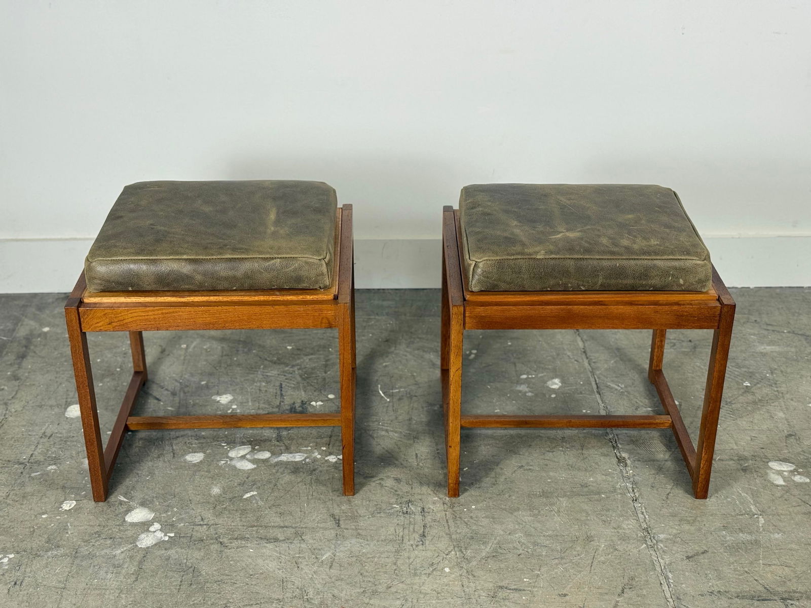 1960s Pair Erik Buch Stools - Teak + Leather - Danish Modern Flip Top Table Stool - 11