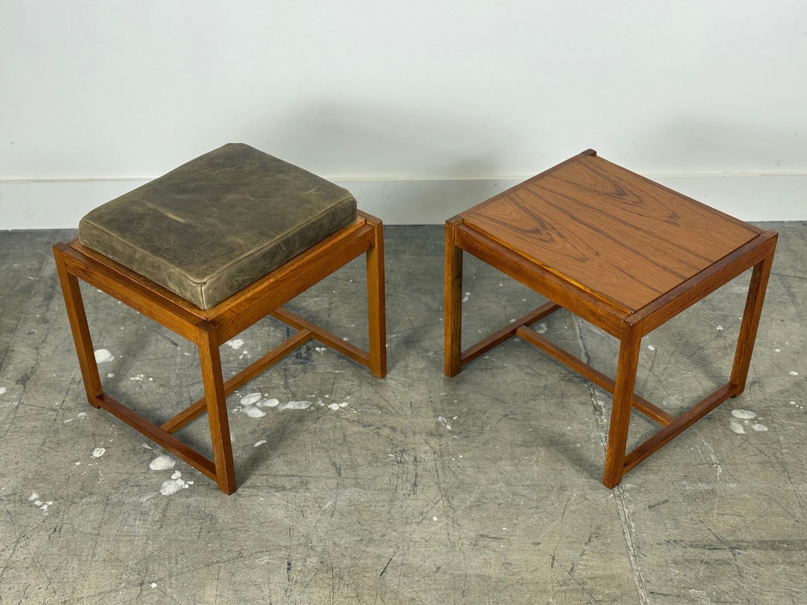1960s Pair Erik Buch Stools - Teak + Leather - Danish Modern Flip Top Table Stool - 2