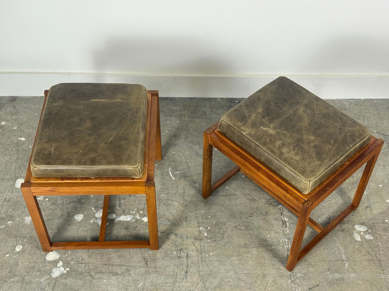1960s Pair Erik Buch Stools - Teak + Leather - Danish Modern Flip Top Table Stool - 3