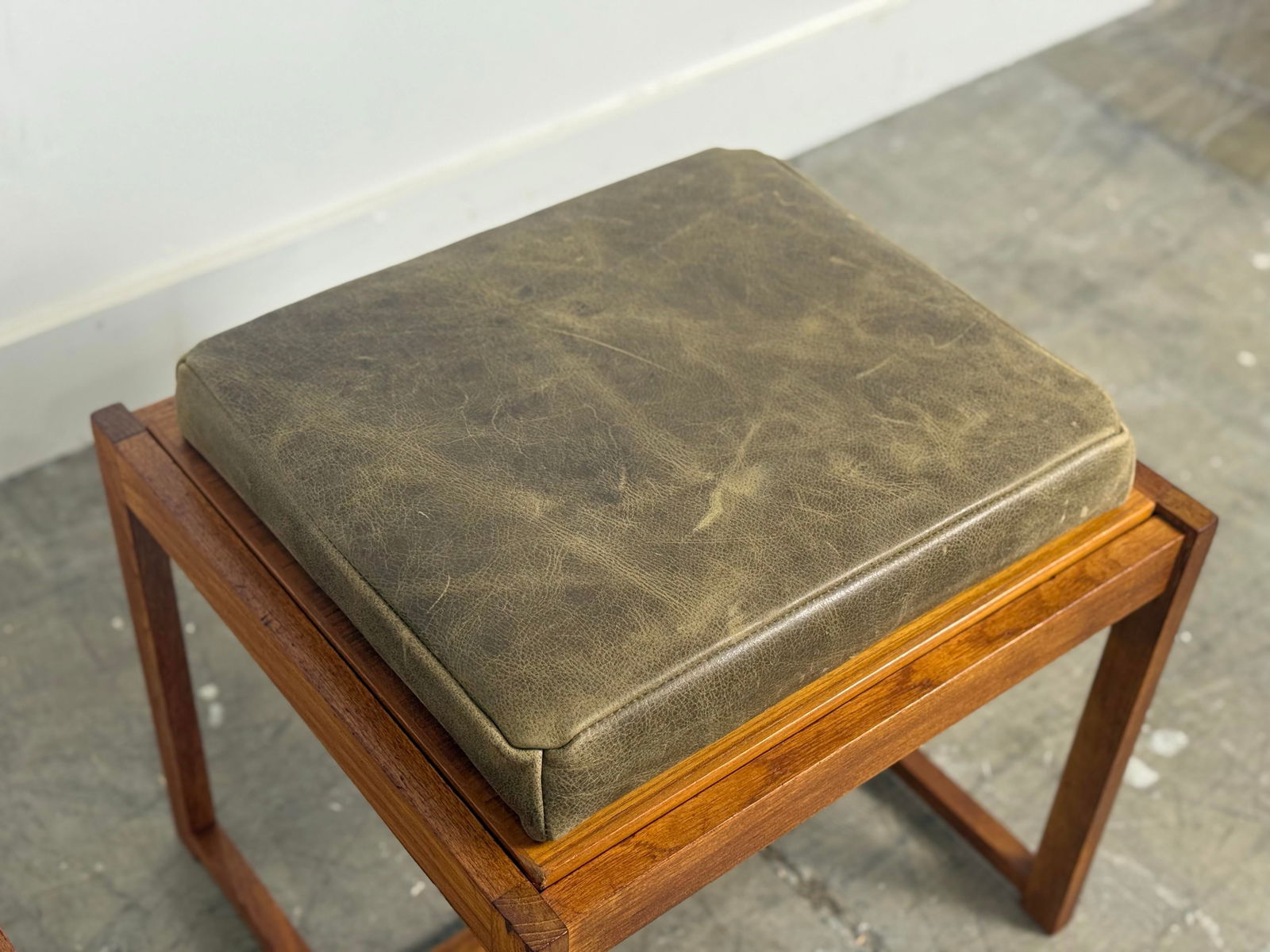 1960s Pair Erik Buch Stools - Teak + Leather - Danish Modern Flip Top Table Stool - 9