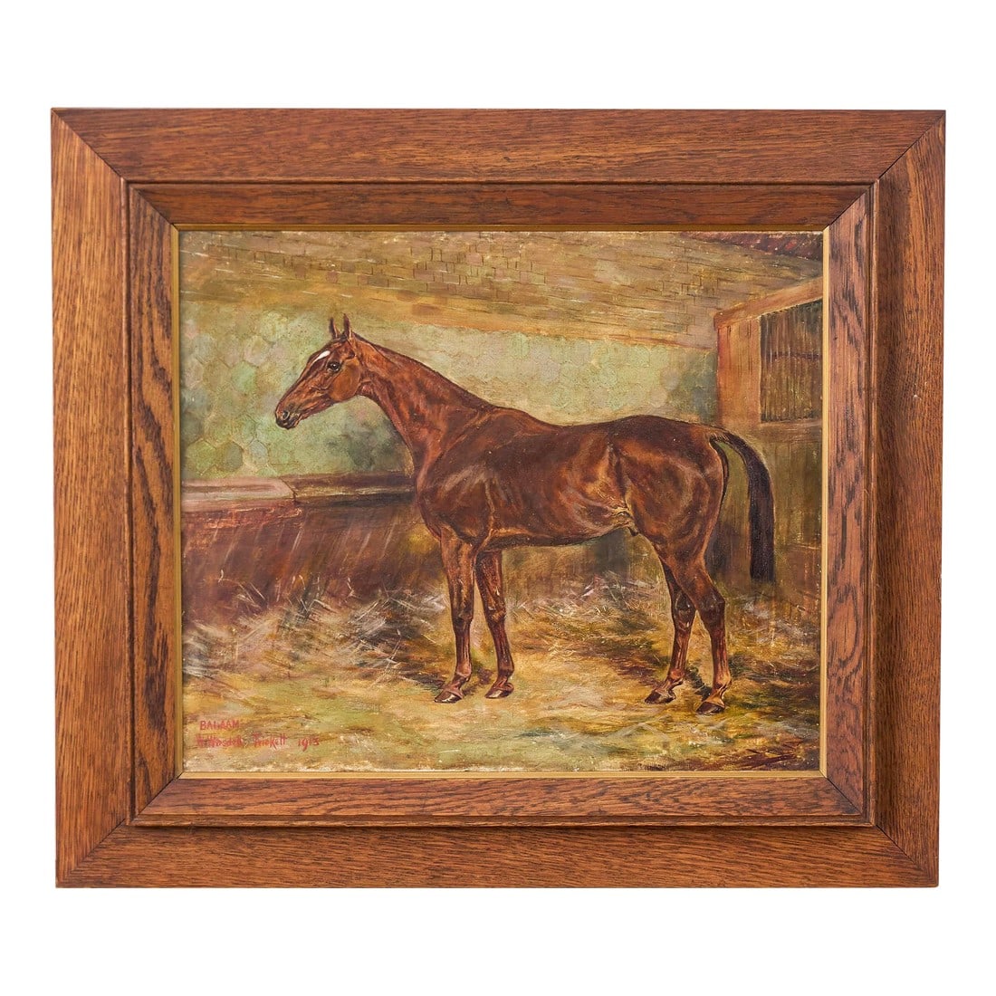William Wasdell Trickett (1866–1939) "Balaam" 1913 Fine British Sporting Art Oil Painting: A fine original oil on canvas by British sporting artist William Wasdell Trickett (1866–1939), dated 1913, depicting the chestnut horse "Balaam." Condition: Alterations: Original Condition