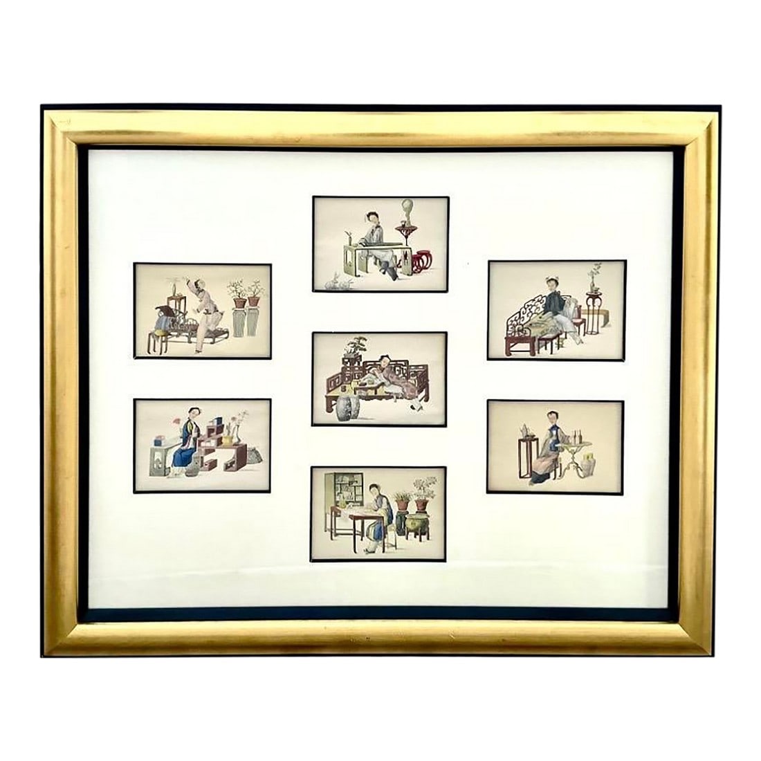 Set of Chinese Export Watercolor Paintings on Paper, Framed: Set of Seven Chinese Export Paintings on Paper, each depicting refined domestic scenes, elegantly arranged within a substantial custom giltwood frame. Each picture portrays a single figure in