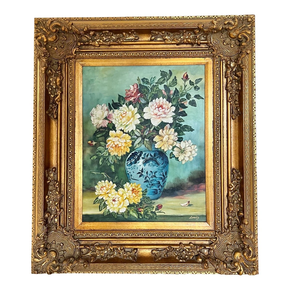 Mid Century Floral Oil Painting in Gold Ornate Frame: Beautiful vintage oil painting featuring a bouquet of roses and daisies in a blue-and-white vase, housed in an ornate gold frame. Still life floral arrangement painting in an Ornate gold-colored