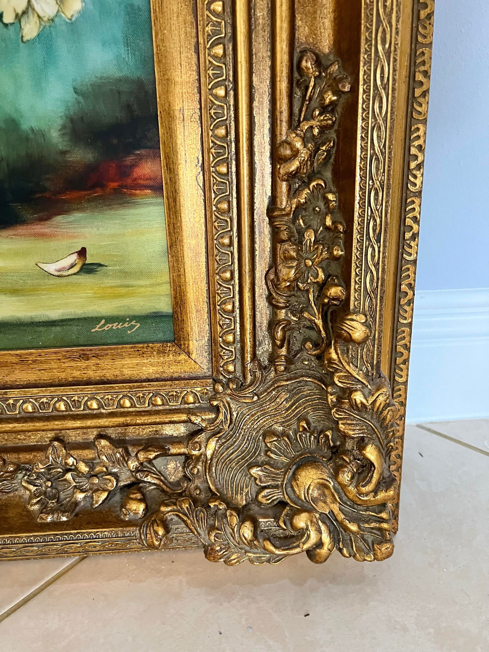 Mid Century Floral Oil Painting in Gold Ornate Frame - 4