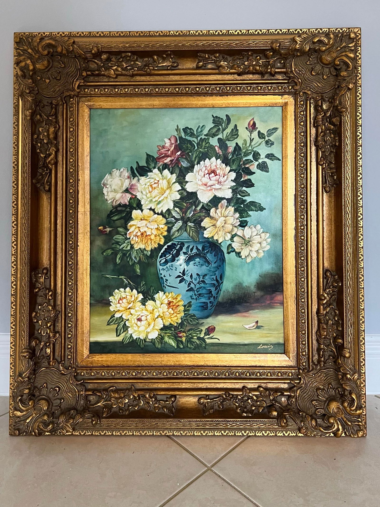 Mid Century Floral Oil Painting in Gold Ornate Frame - 5