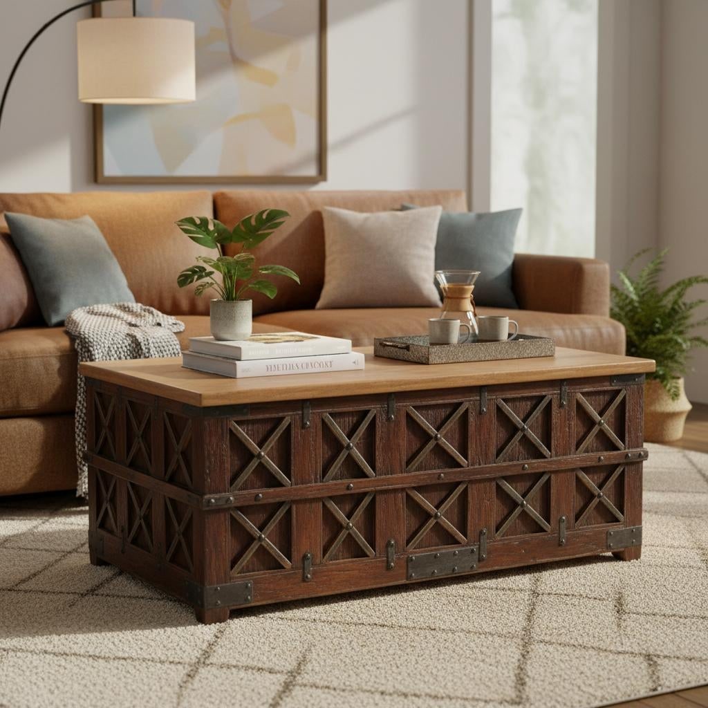 1950s Rustic Ranch Style Antique Teak Wood Chest Extra Large Coffee Table - 2